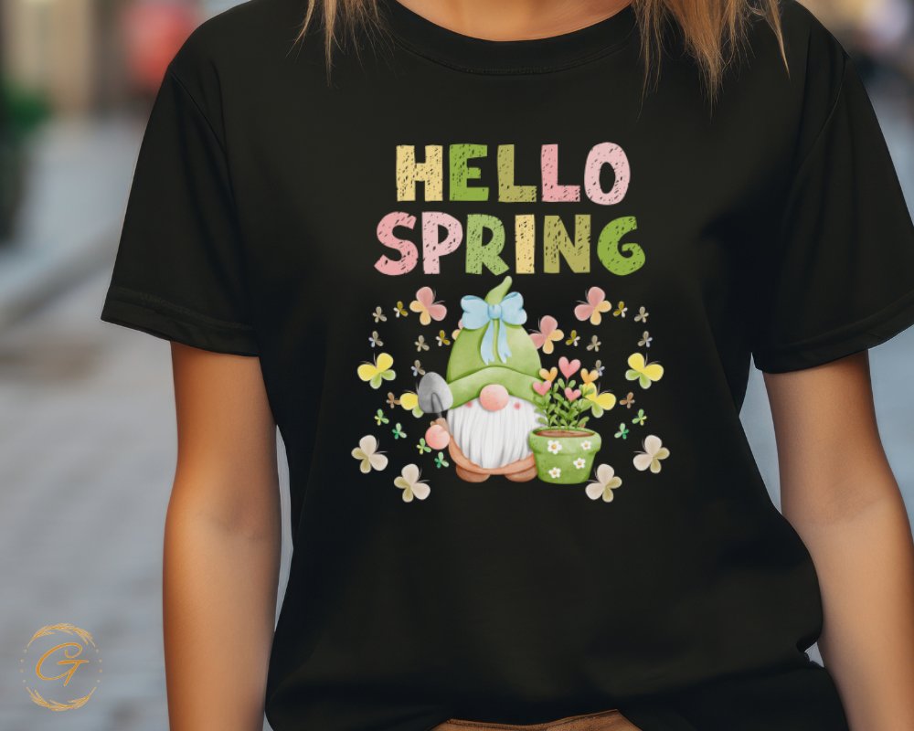 Hello Spring Gnome and Flowers Printed T-Shirt product type
