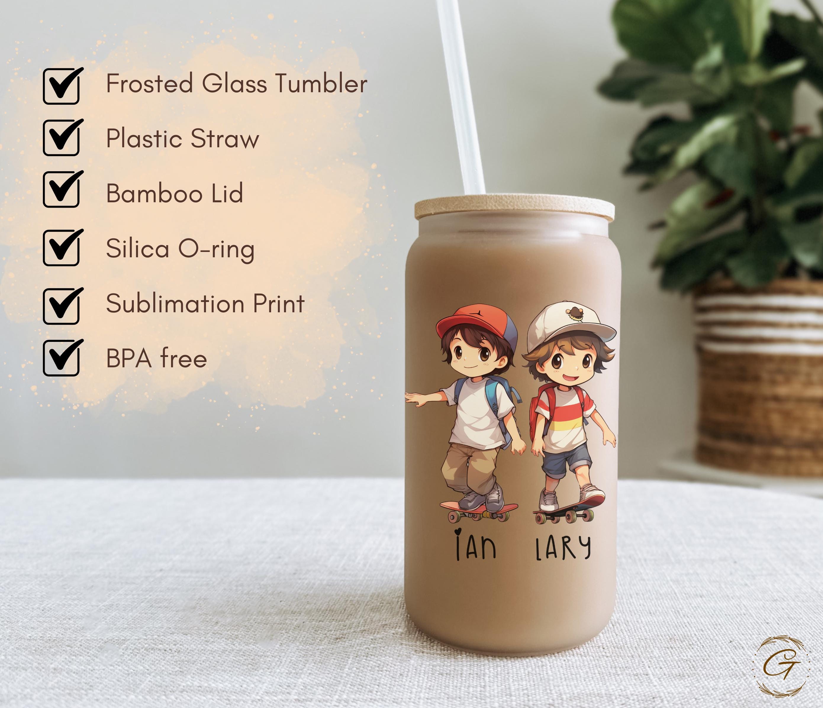 School Buddies Frosted Personalized Glass Cup Kids Skateboarding Libbey Cup