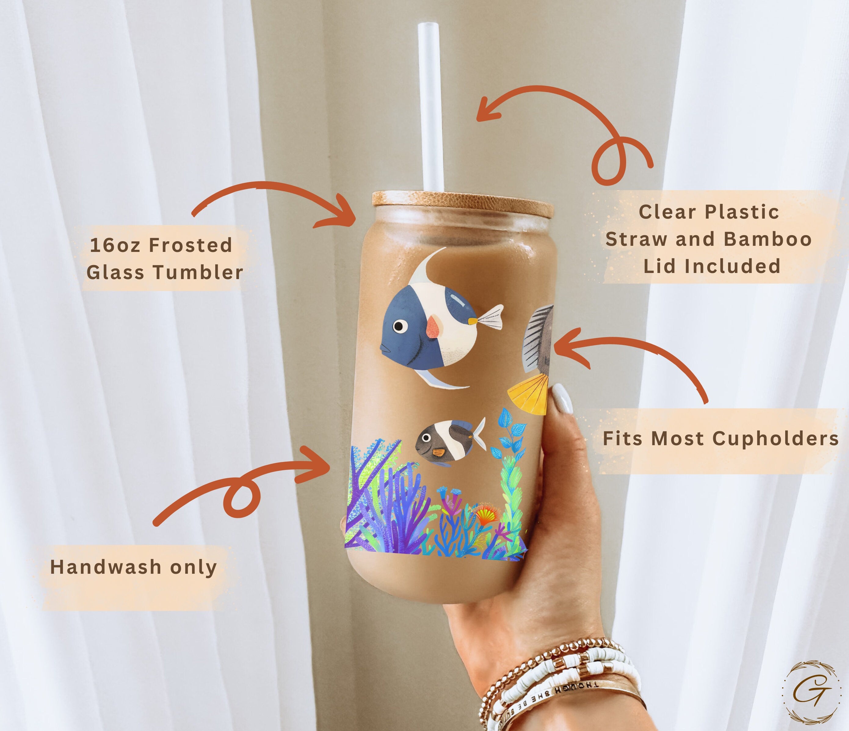 Fish and Corals Design Frosted Glass Cup