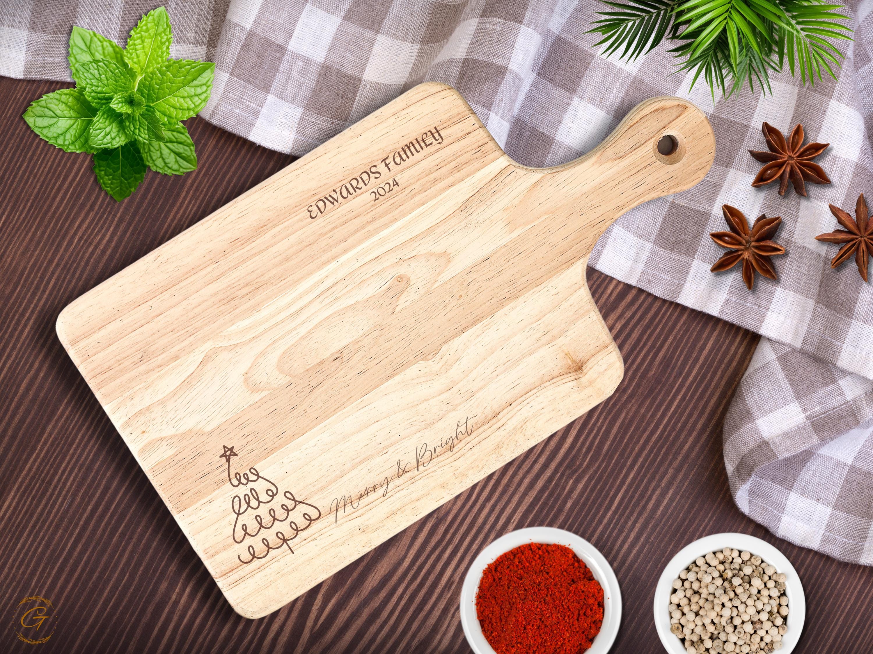 Merry & Bright Personalized Cutting Board with Family Names | Engraved Holiday Kitchen Gifts | Rustic Wood Board for Christmas Cooking Gifts