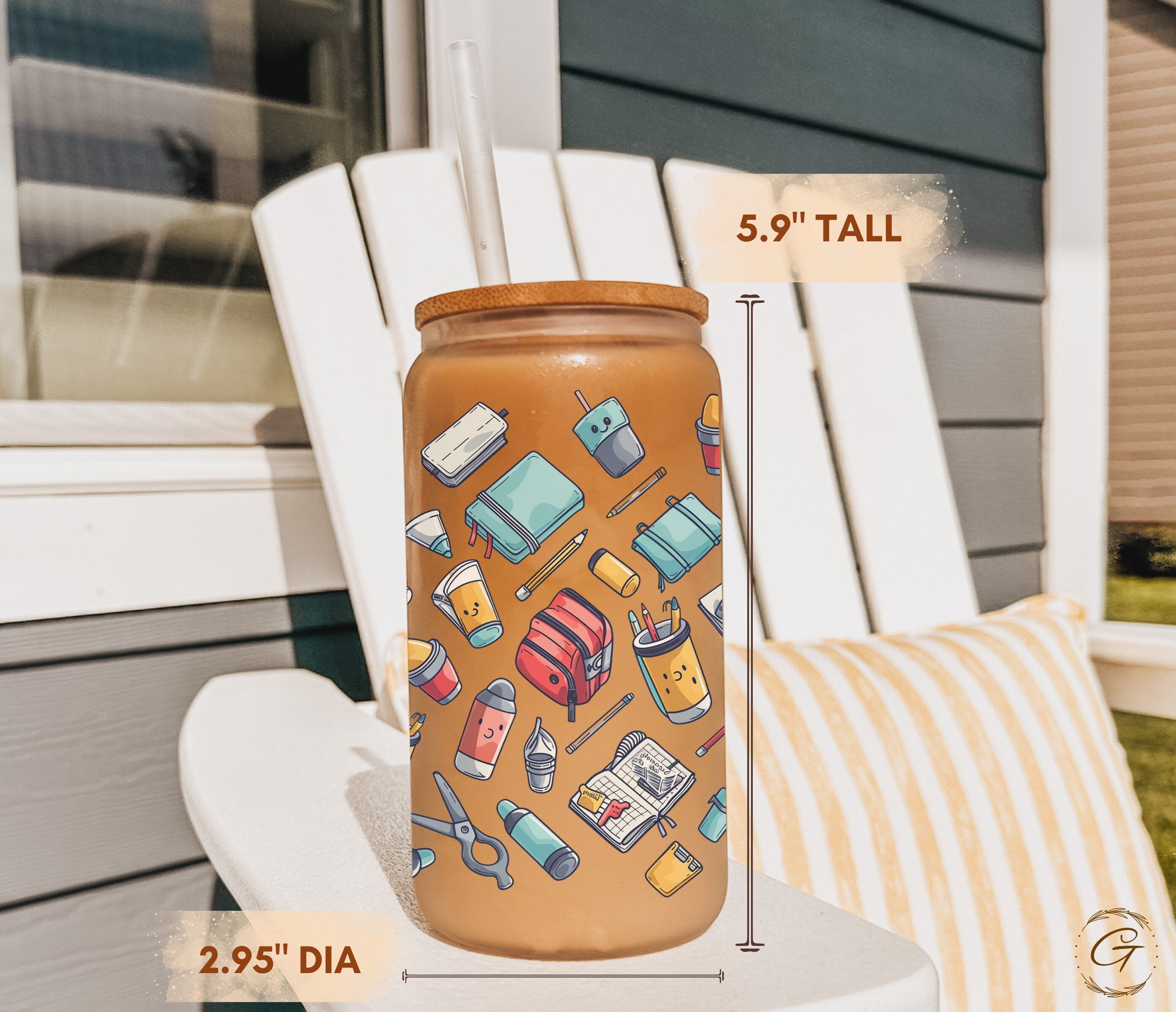 School Supplies Pattern Frosted Glass Cup