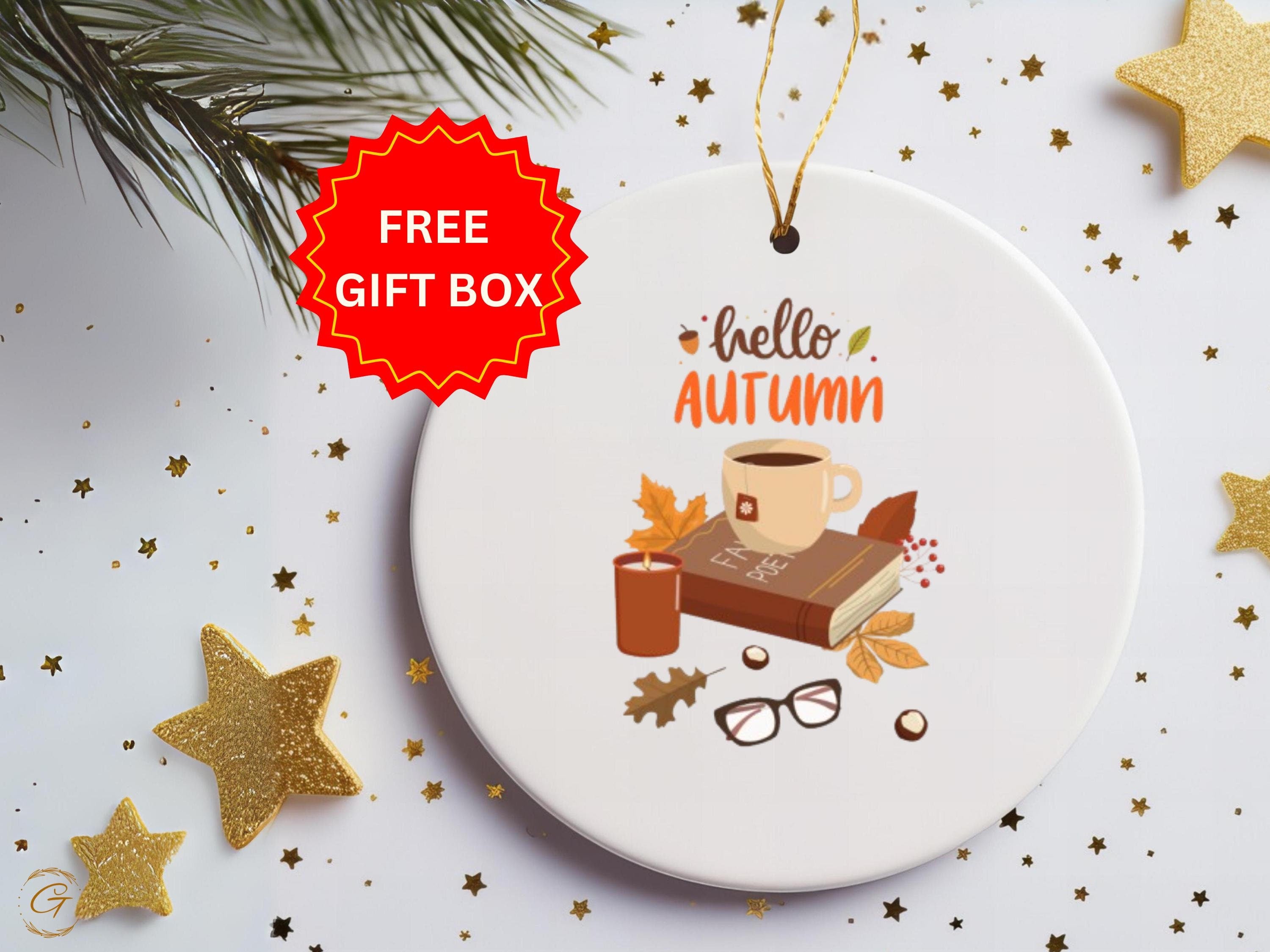 Hello Autumn Ornament, Cute Fall Decor, Autumn Themed Gift, Cozy Seasonal Decoration, Fall Coffee Mug Design, Autumn Leaf Art, Cozy Book Art