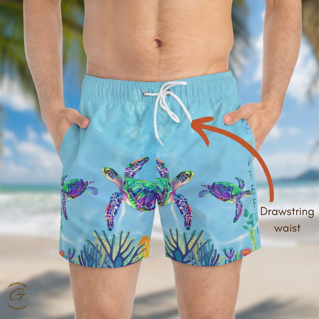Turtles and Corals AOP Swim Trunks, Vibrant Beachwear for Summer, Perfect for Beach Days Great Summer Gift Ideal for Pool or Beach Gift Idea