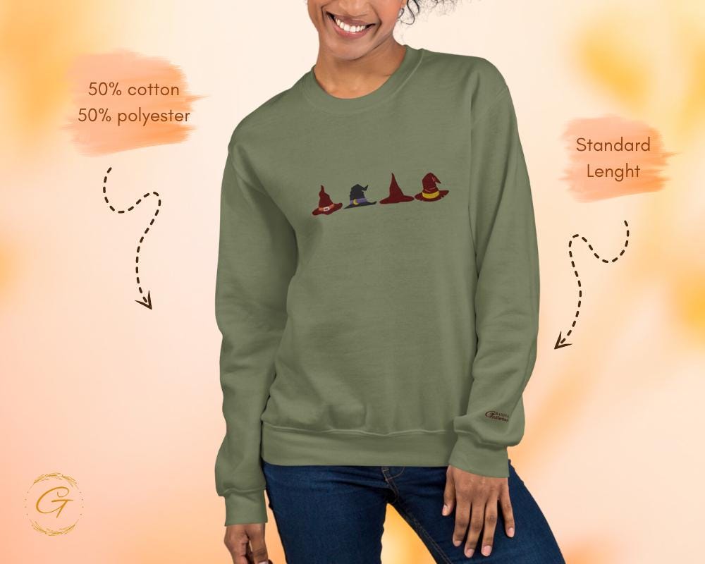 Halloween Sweatshirt, Embroidery Design Witch Hats Crewneck Halloween Sweatshirt, Long Sleeve Top, Casual Pullover Fall Fashion Witchy Shirt