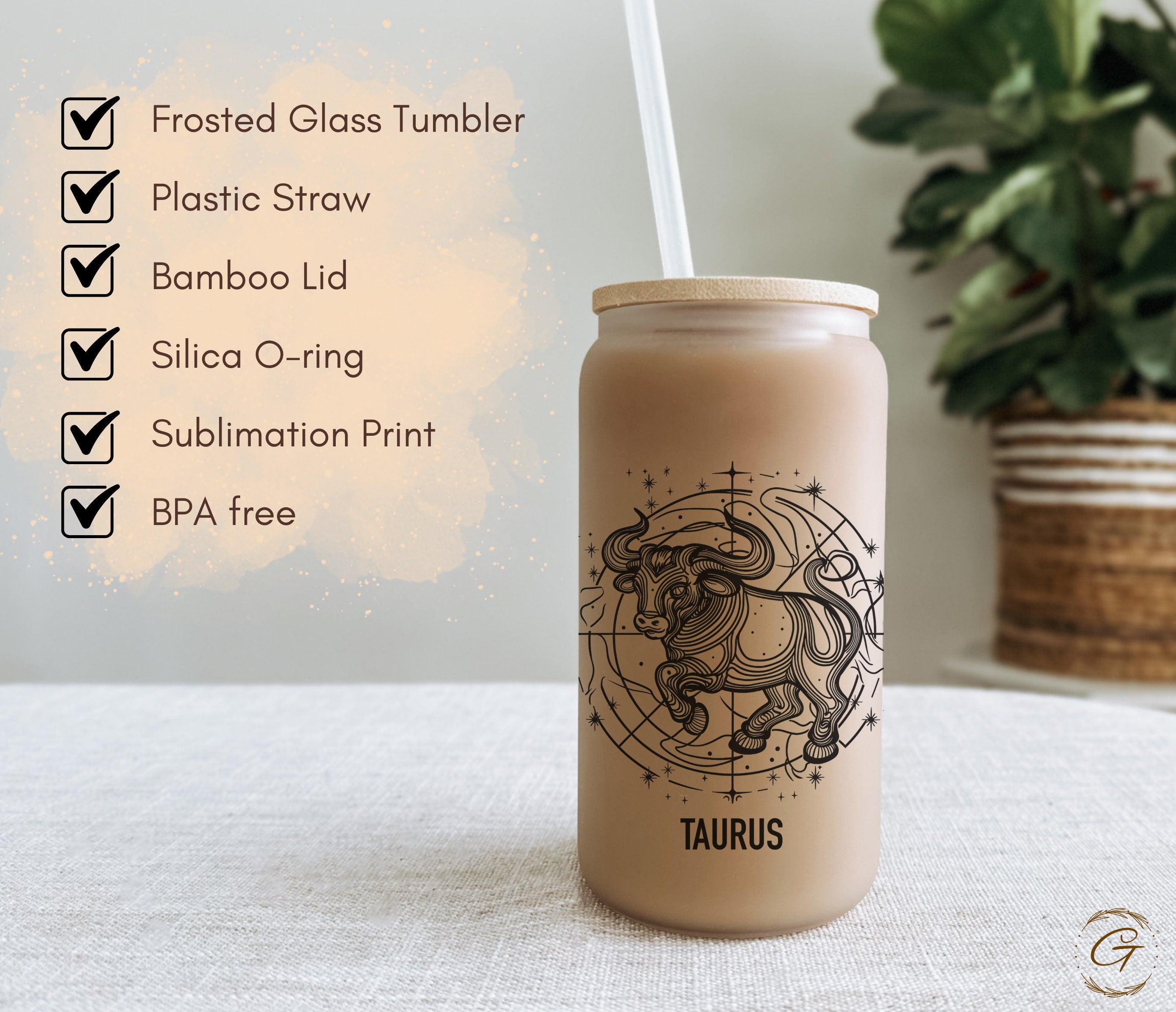 Zodiac Taurus Frosted Glass Cup, Astrology Bull Print Libbey Cup Custom Name