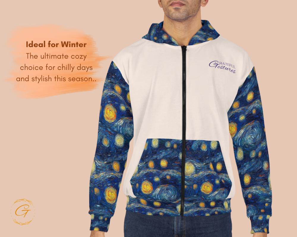 Starry Night White Design Zip Hoodie All-Over Print, Van Gogh-Inspired Sweatshirt