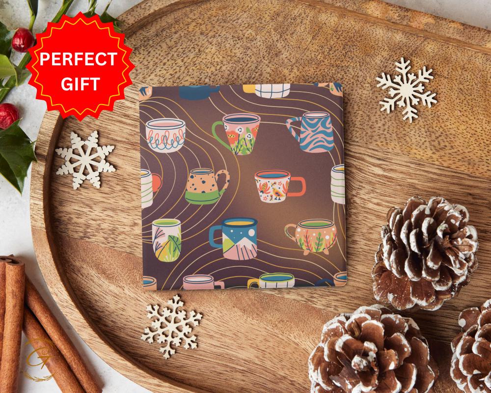 Soapstone Coaster with Colorful Tea Cups Design and Cork Backing, Stylish Drink Holder Tea Lover Gift, Unique Home Decor Vibrant Coaster Set