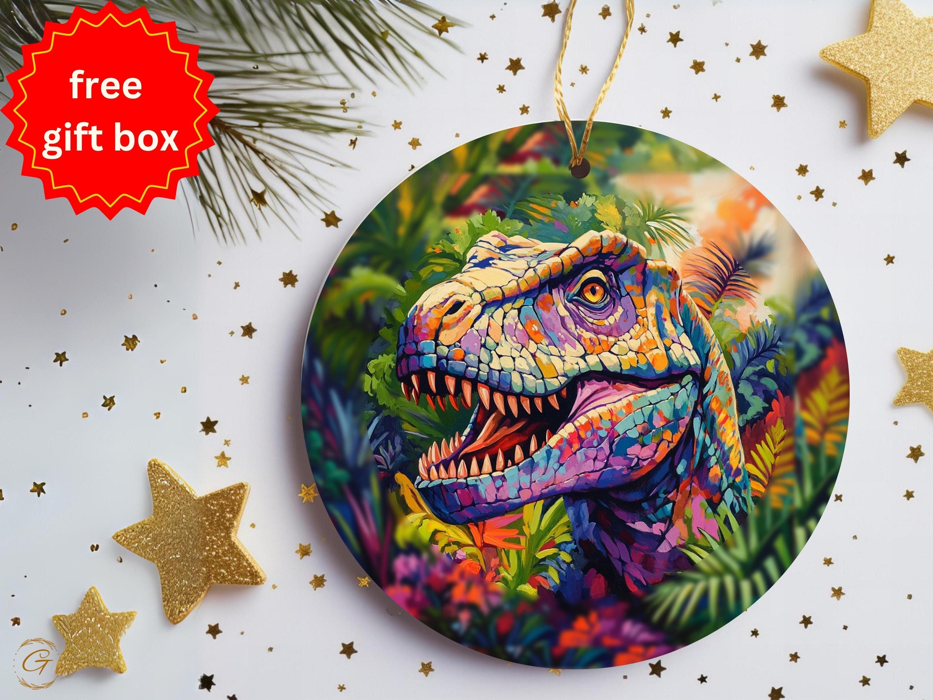 Colorful Dinosaur Holiday Ornament, Handcrafted Dinosaur Decor, Unique Gift for Dinosaur Lovers, Vibrant Home Decoration, Dinosaur Art Piece