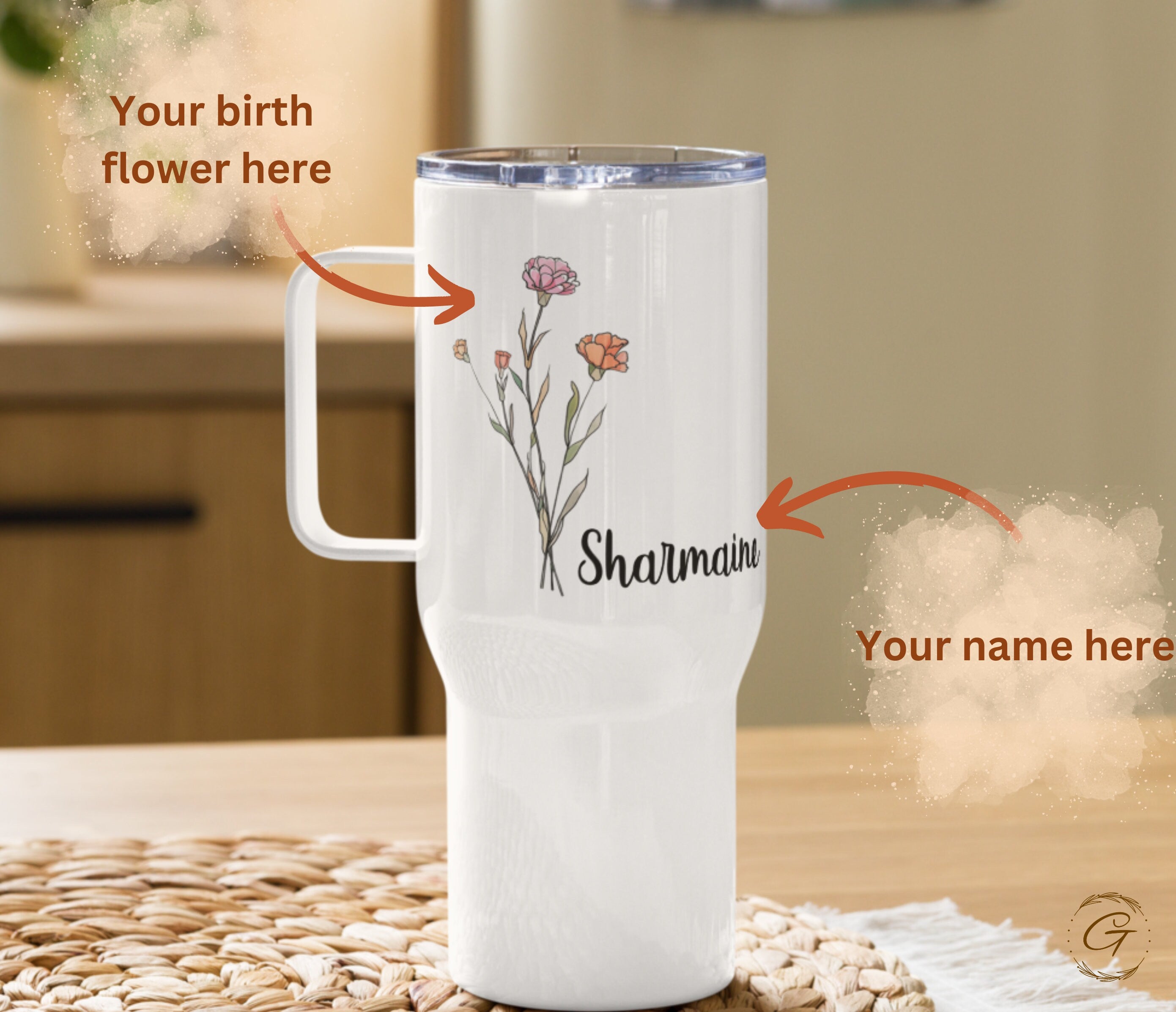 Personalized Birth Flower & Name 25 oz Travel Mug with Handle - Custom Floral Unique Mother's Day Gift Bridesmaid Gift and For Coffee Lovers