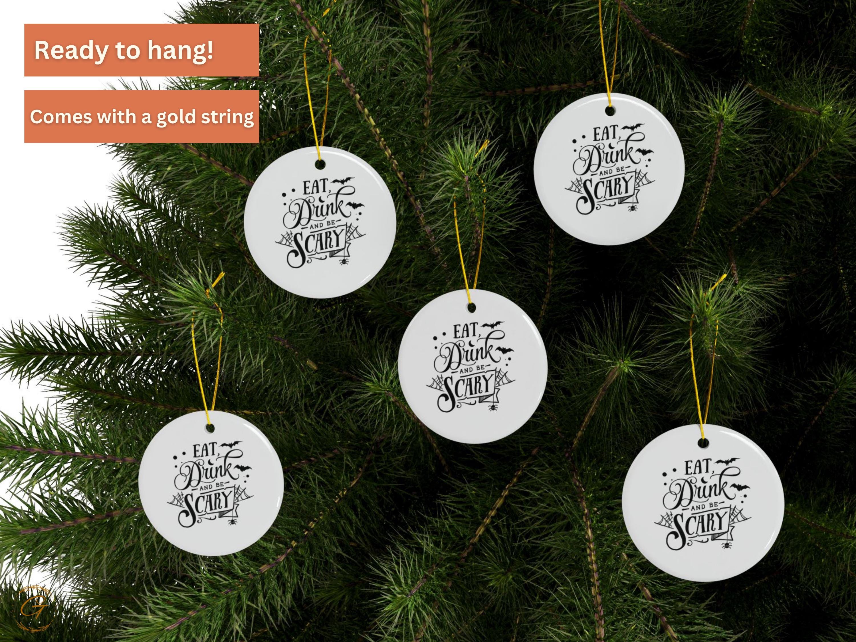 Halloween Ornament Eat Drink and Be Scary, Spider Web and Bats Design