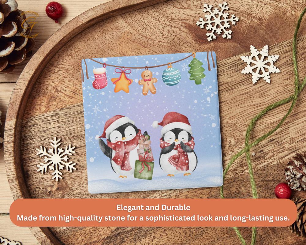 Soapstone Coaster Christmas Penguins Design
