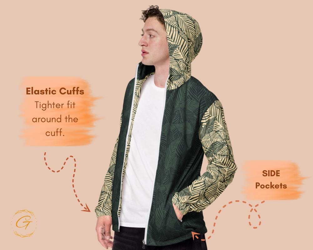 Men’s Windbreaker Leaves Design, Stylish Zip-Up Jacket