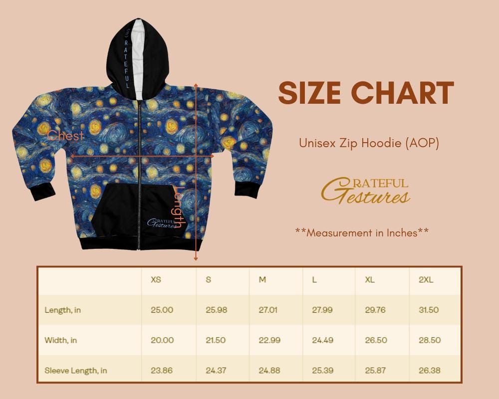 Starry Night Unisex Zip Hoodie All-Over Print Van Gogh Inspired Sweatshirt