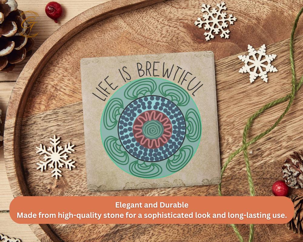 Soapstone Coaster with "Life Is Brewtiful" Design with Cork Backing Unique Coffee Lover Gift Inspirational Drink Coaster, Stylish Home Decor