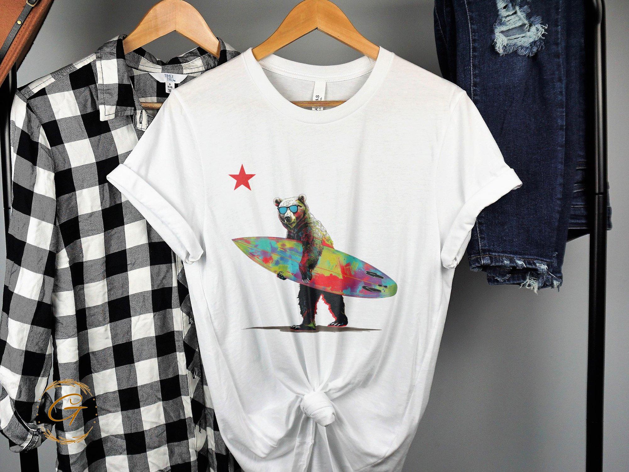 Cool Bear Surfboard Star Design Tee Beach Vibes T-ee