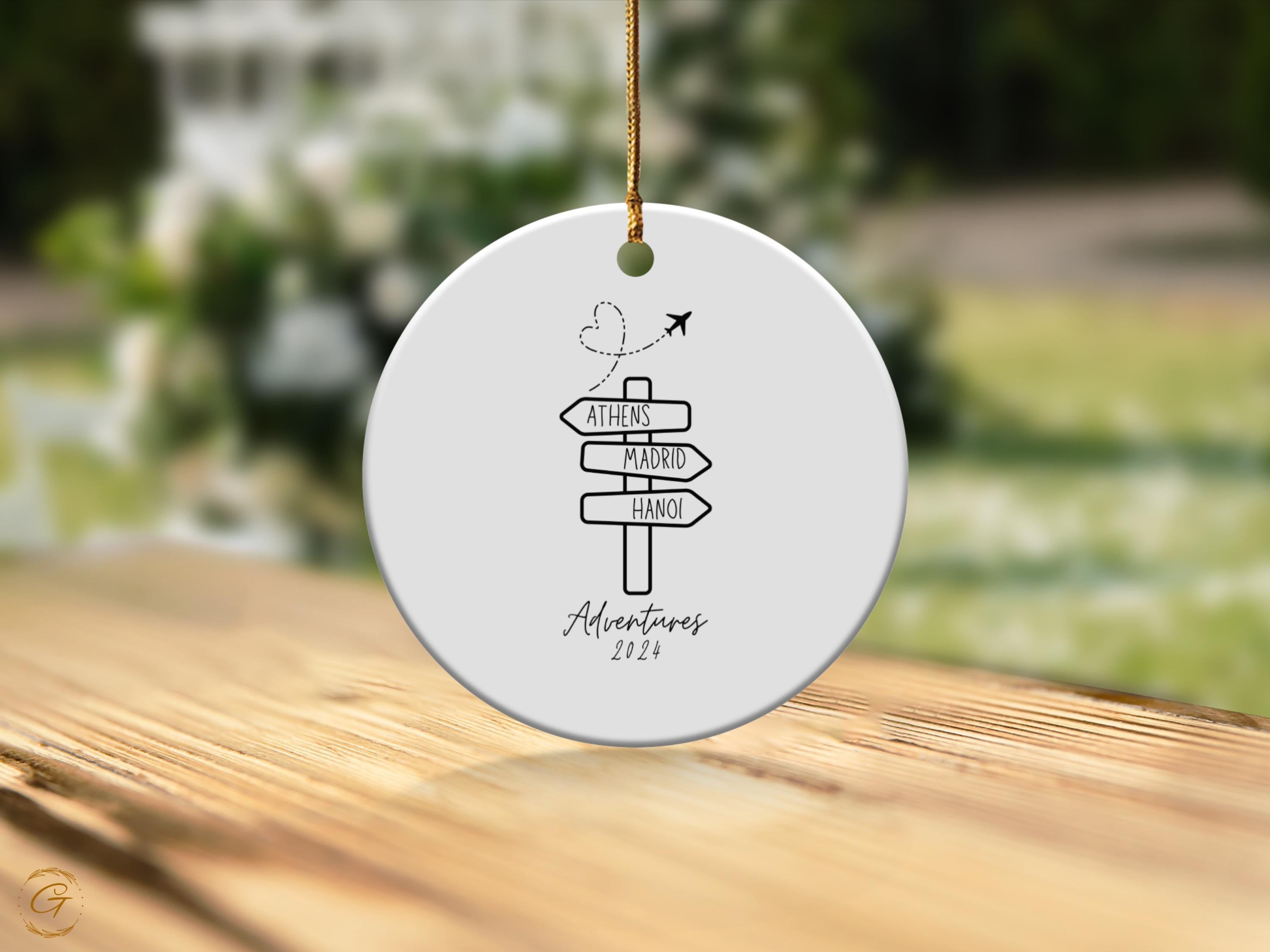 Personalized Adventure Ornaments, 2024 Travel Signpost Athens Madrid Hanoi, Unique Gift Keepsake Souvenir, Traveller Holiday Decoration Gift