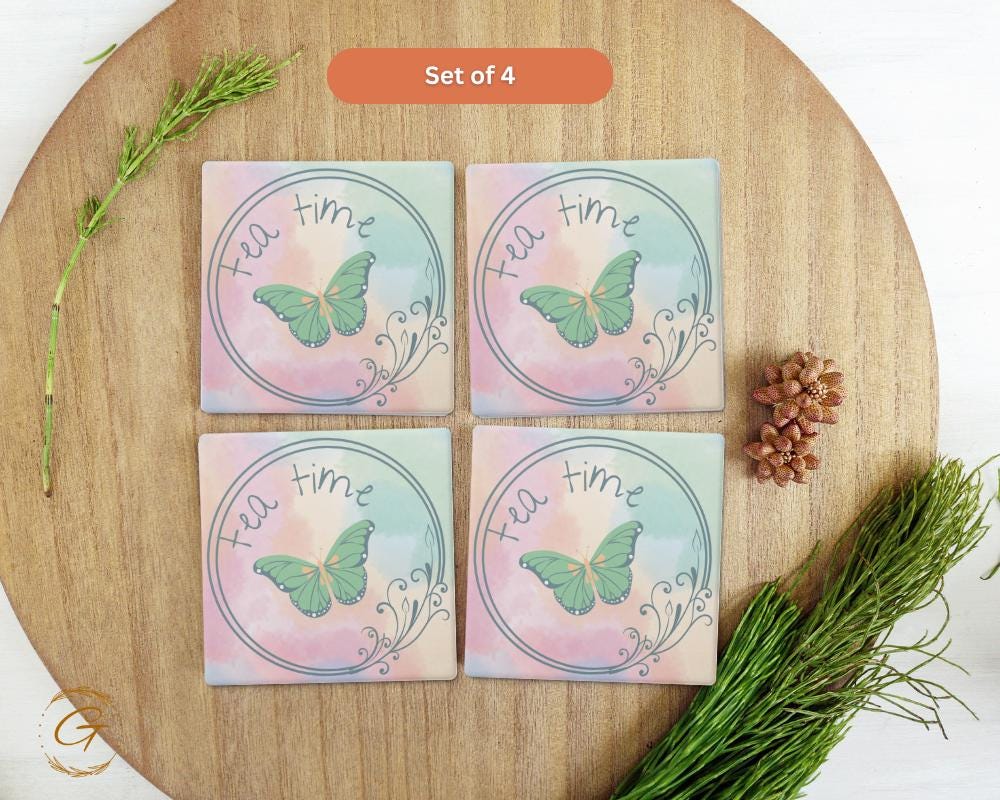 Elegant Square Stone Coasters with Tea Time & Butterfly Design