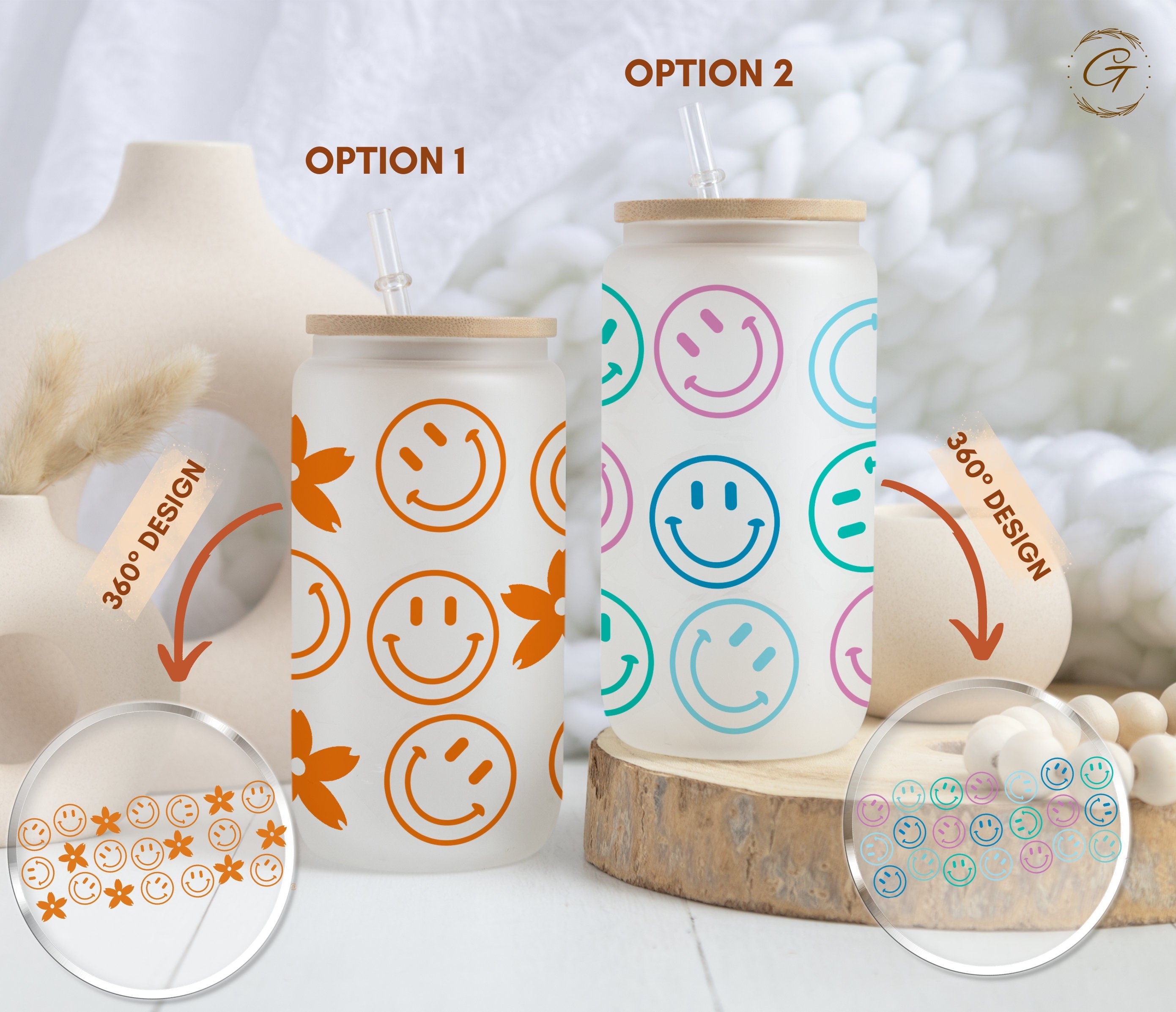 Trendy 16-oz Frosted Libbey Glass Cup with All-Over Smiley Floral Icons – Perfect for Drinks, Gifts For Her, Customizable Options Available