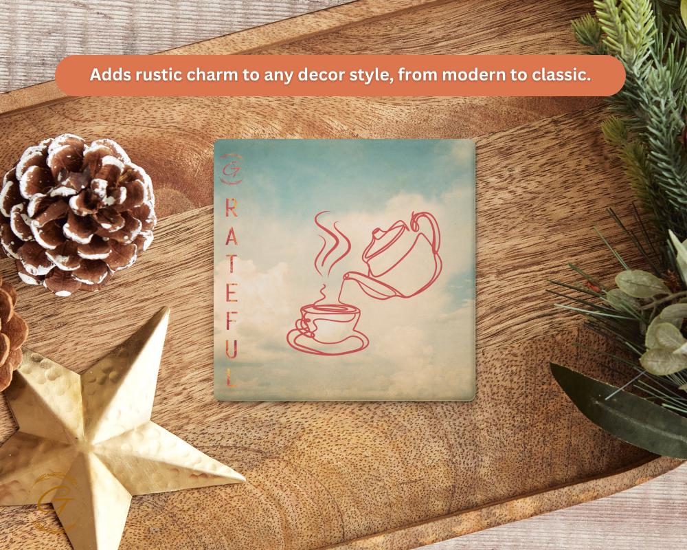 Square Stone Coasters with Grateful Tea Time Design, Durable Cork Backing, Elegant and Absorbent Drink Coaster, Home Decor Perfect Gift Idea
