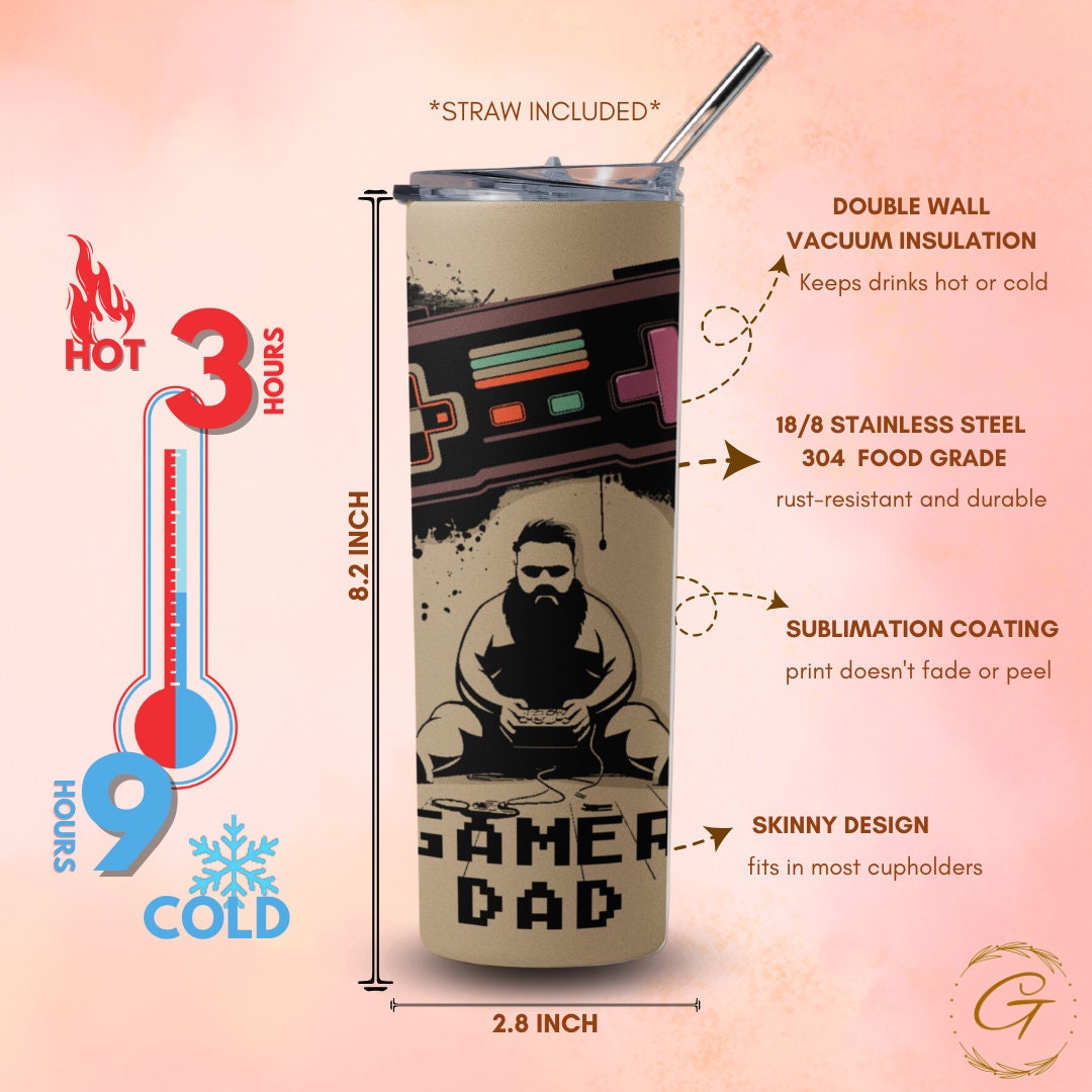 Gamer Dad Skinny Tumbler 20oz, PlayStation Figure