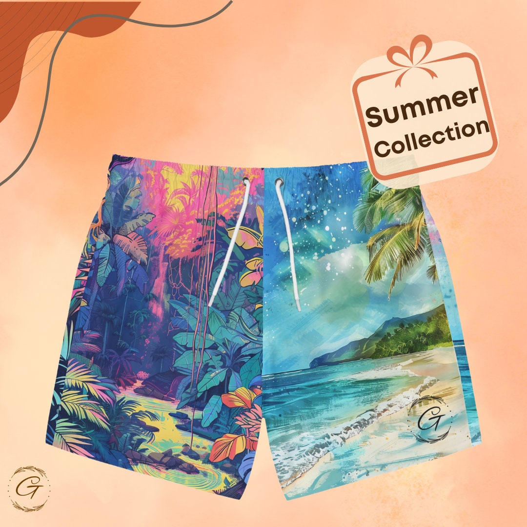 Tropical Rainforest & Beach Swim Shorts for Men, Vibrant AOP Design, Perfect for Vacation, Summer Gift for Him, Stylish Trunks for Summer