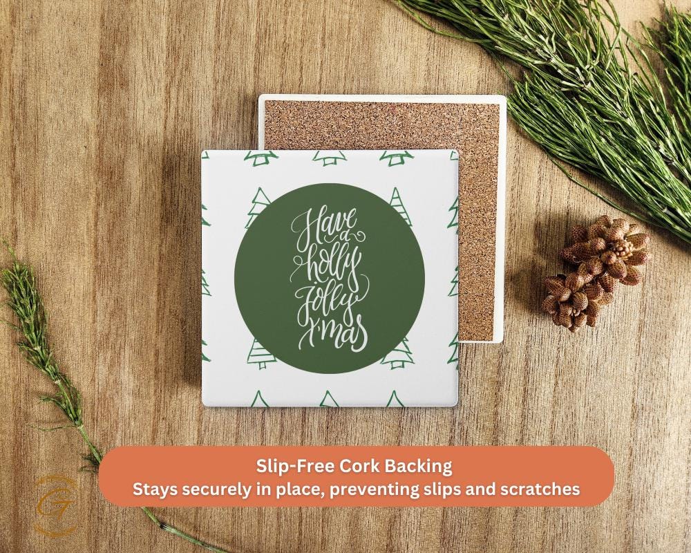 Soapstone Coaster with "Have a Holly Jolly Christmas" Green Design, Festive Holiday Coaster, Cork Backing, Christmas Decor, Unique Gift Idea