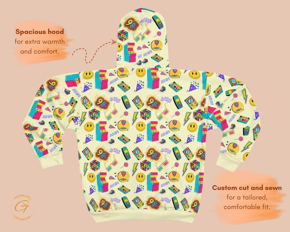 90s Nostalgia Unisex Zip Hoodie AOP, Retro Throwback Hoodie