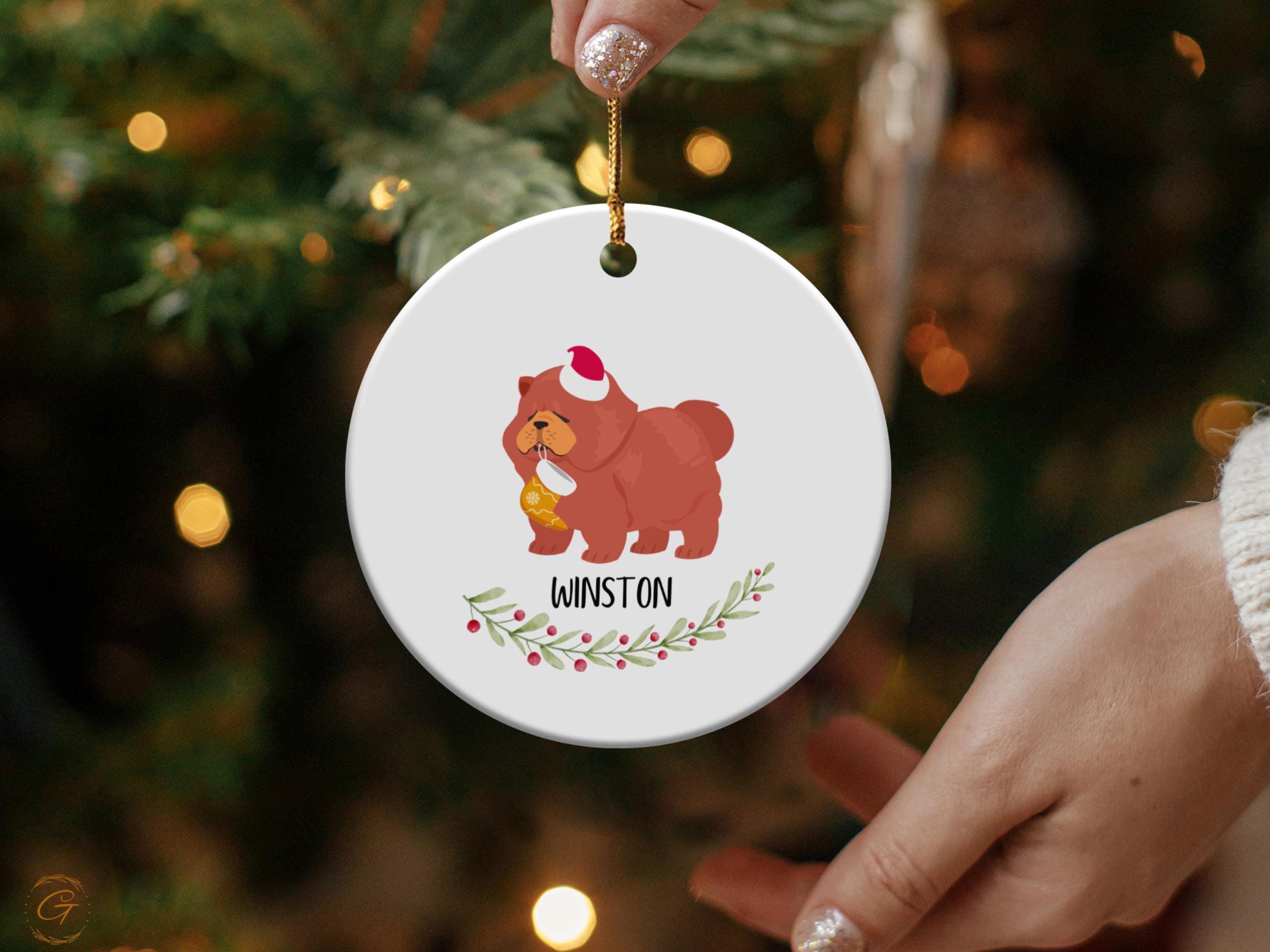 Personalised Cute Dog Christmas Ornament, Red Chow Chow Dog with Santa Hat Stocking Animal Tree Decorations, Holiday Gift Keepsake Pet Lover