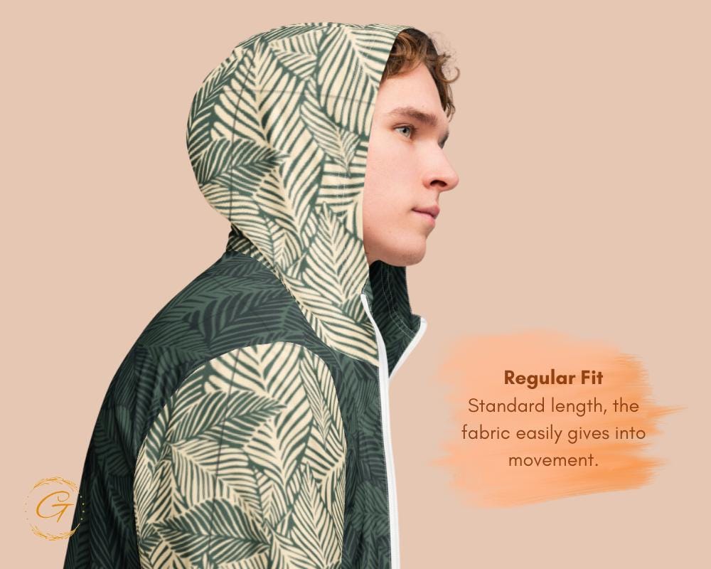 Men’s Windbreaker Leaves Design, Stylish Zip-Up Jacket
