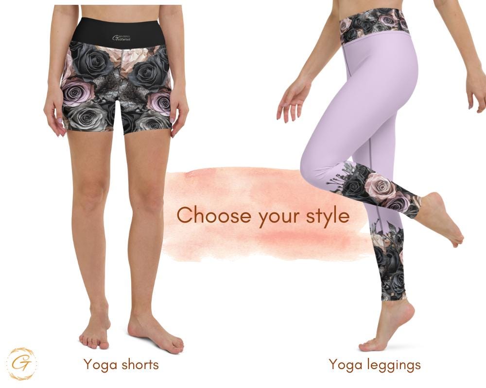Floral AOP Yoga Leggings & Shorts for Women - Black and Pastel Rose Colorful Activewear - High-Waist Workout Pants, Stylish Gym Yoga Shorts