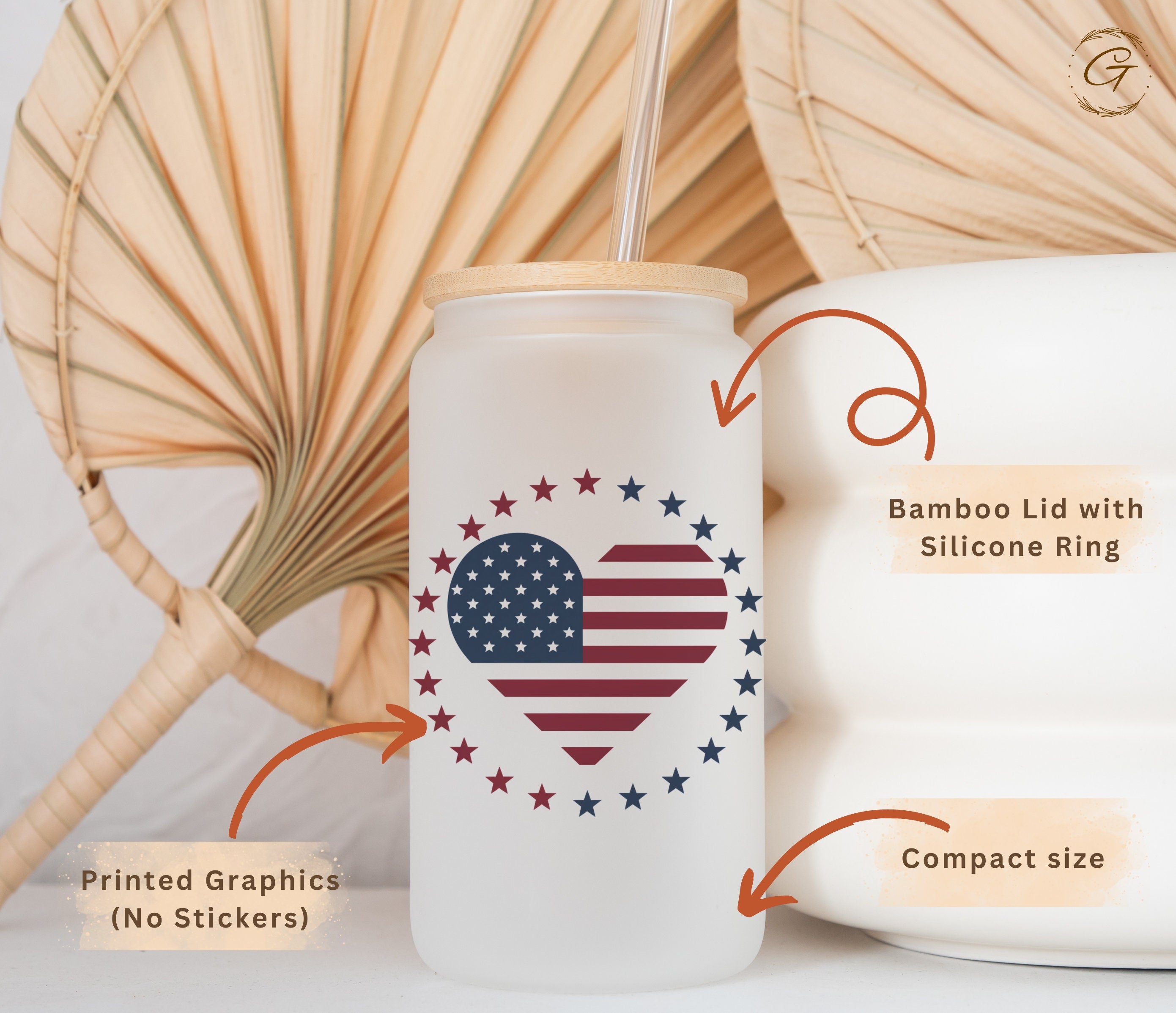 16oz Frosted Libbey Glass Cup with Patriotic Heart