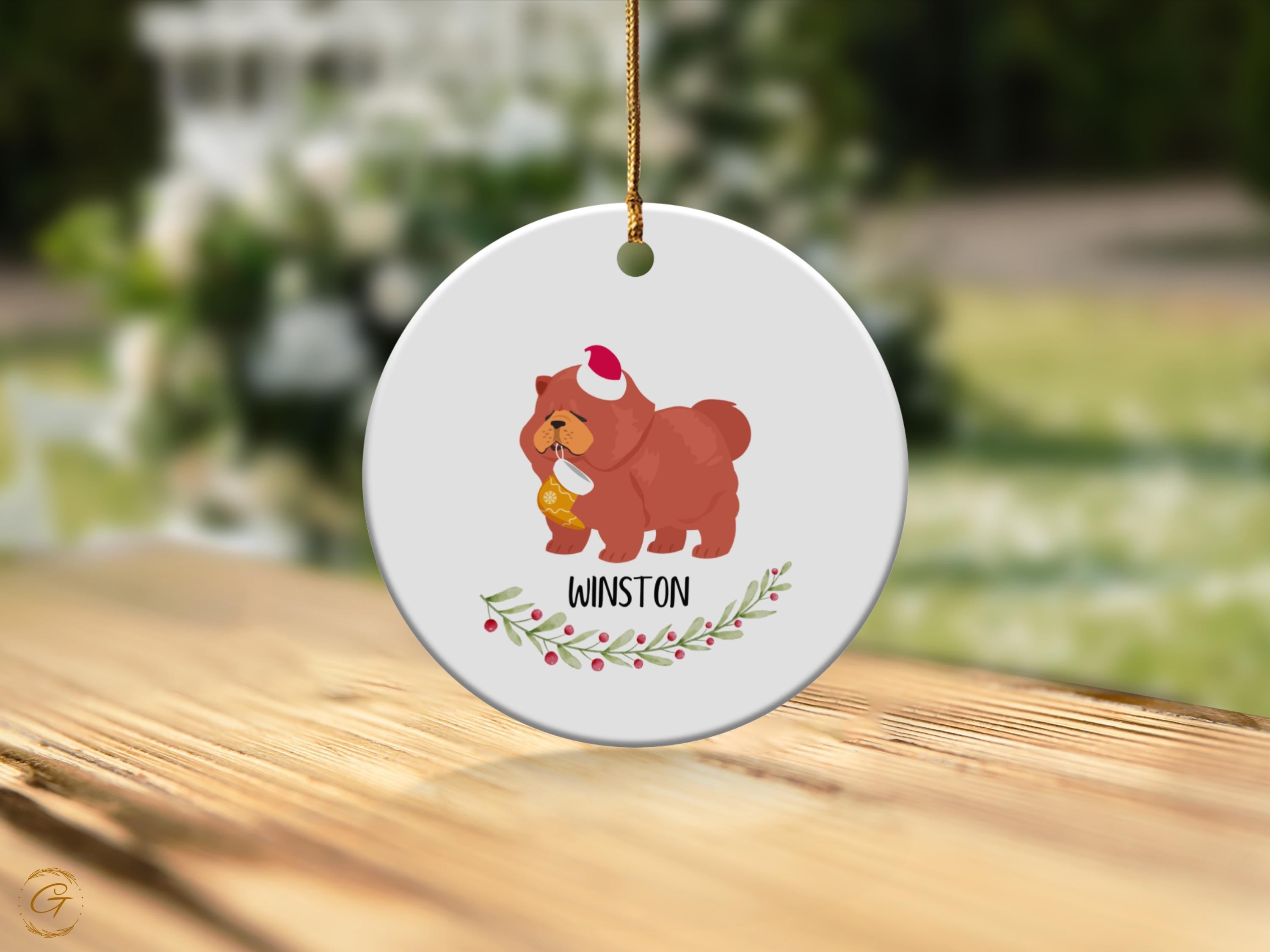 Personalised Cute Dog Christmas Ornament, Red Chow Chow Dog with Santa Hat Stocking Animal Tree Decorations, Holiday Gift Keepsake Pet Lover