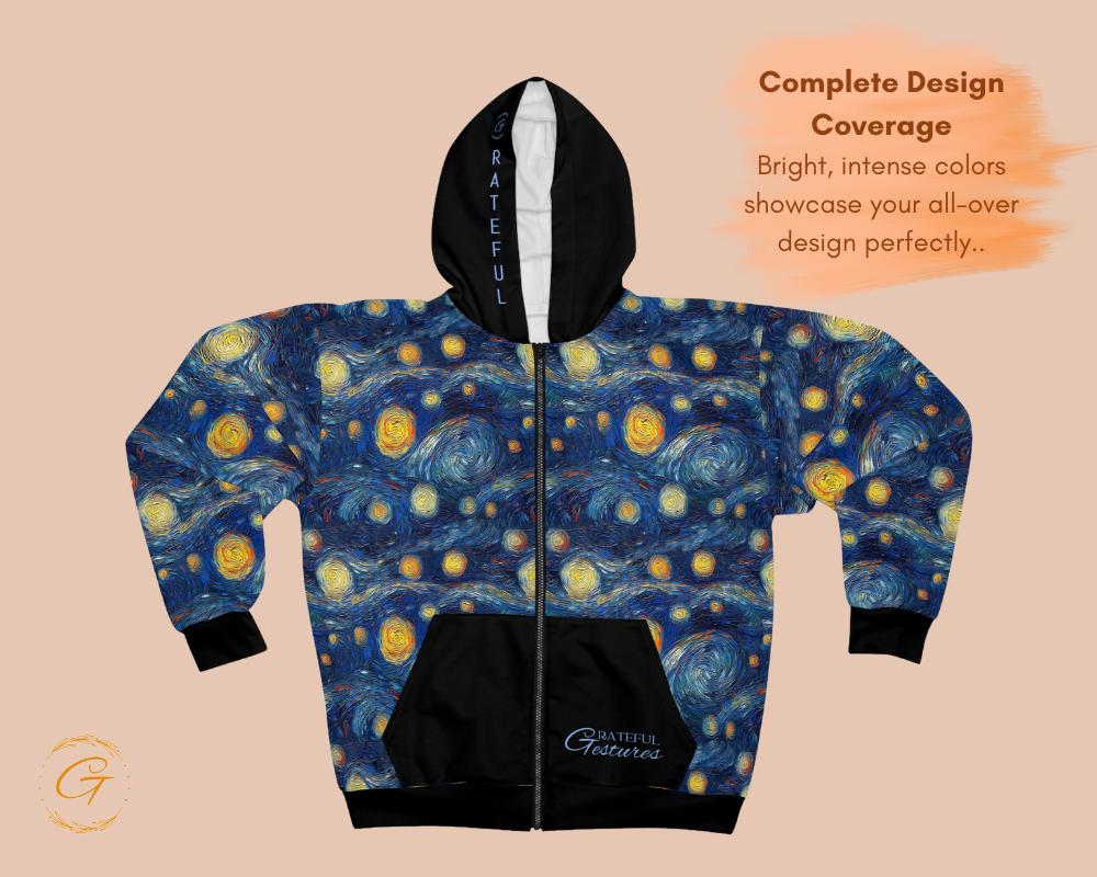 Starry Night Unisex Zip Hoodie All-Over Print Van Gogh Inspired Sweatshirt