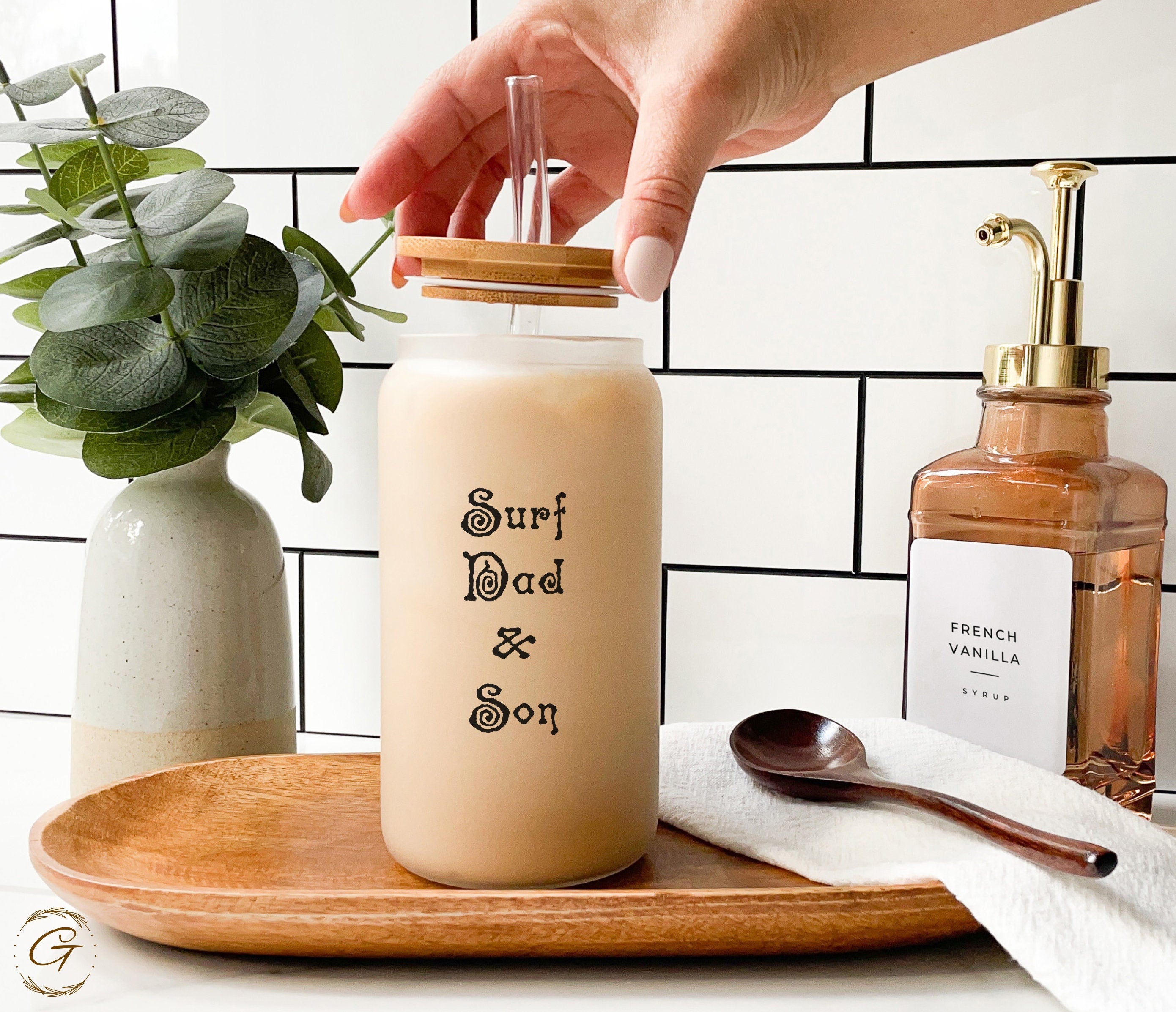 Surf Dad and Son Custom Frosted Glass Cup