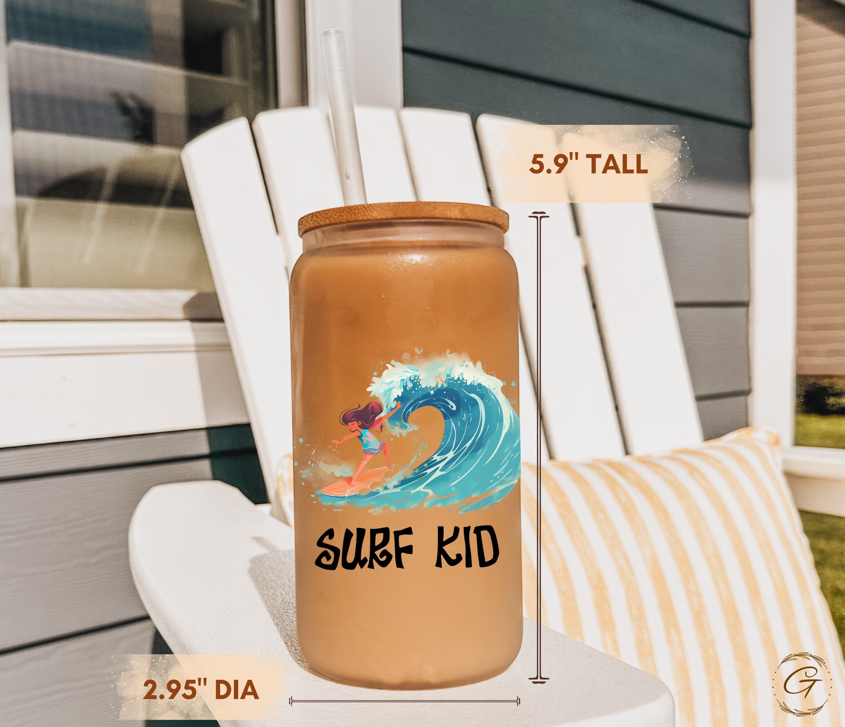 Surf Kid Big Wave Design Frosted Glass Cup