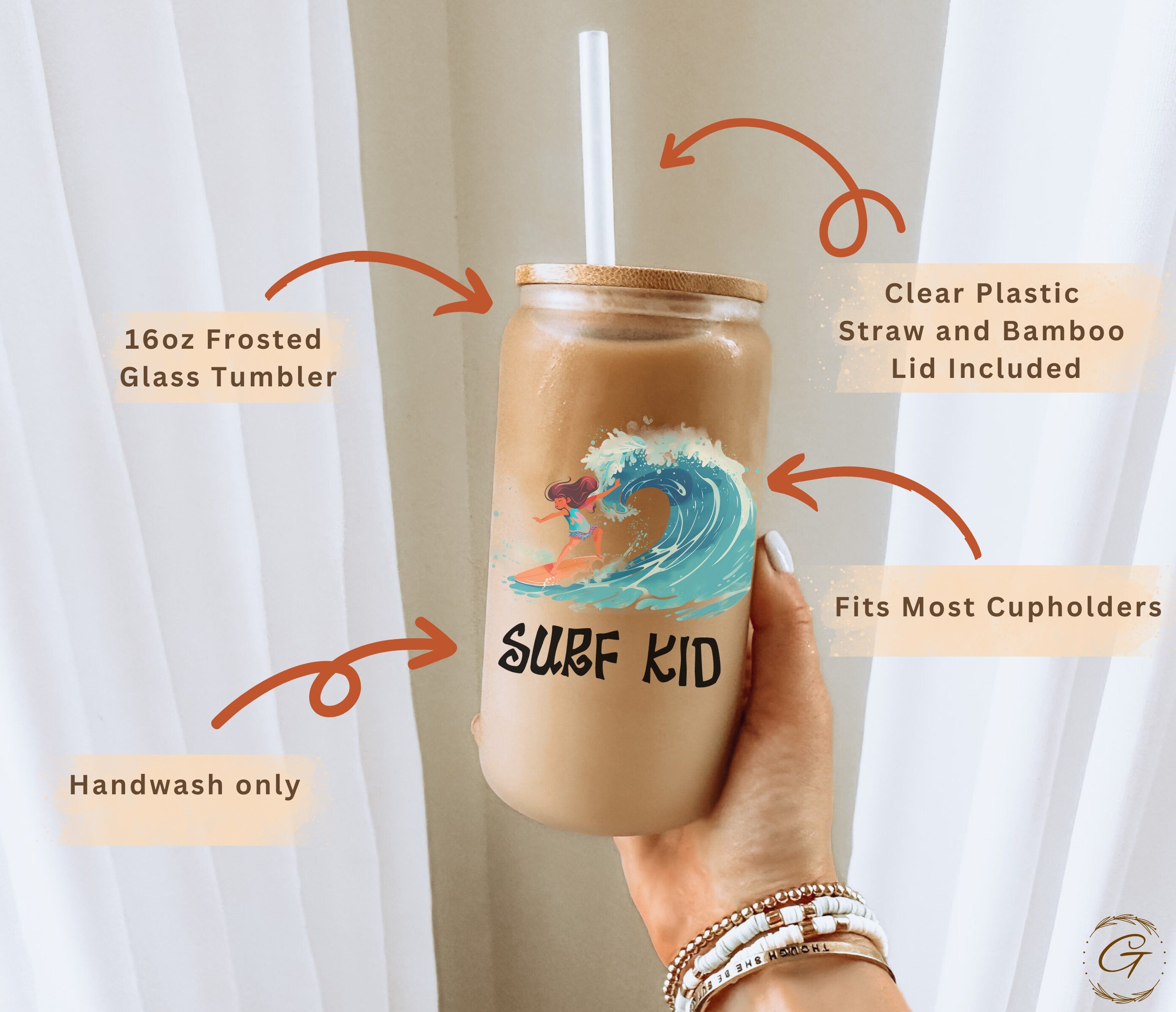 Surf Kid Big Wave Design Frosted Glass Cup