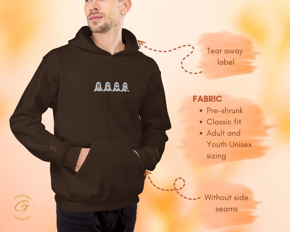 Halloween Ghosts Hoodie,Embroidery Design Four Boos Graphic Hooded Sweatshirt Spooky Season Hooded Pullover Spooky Ghost Warm-Up Top Sweater