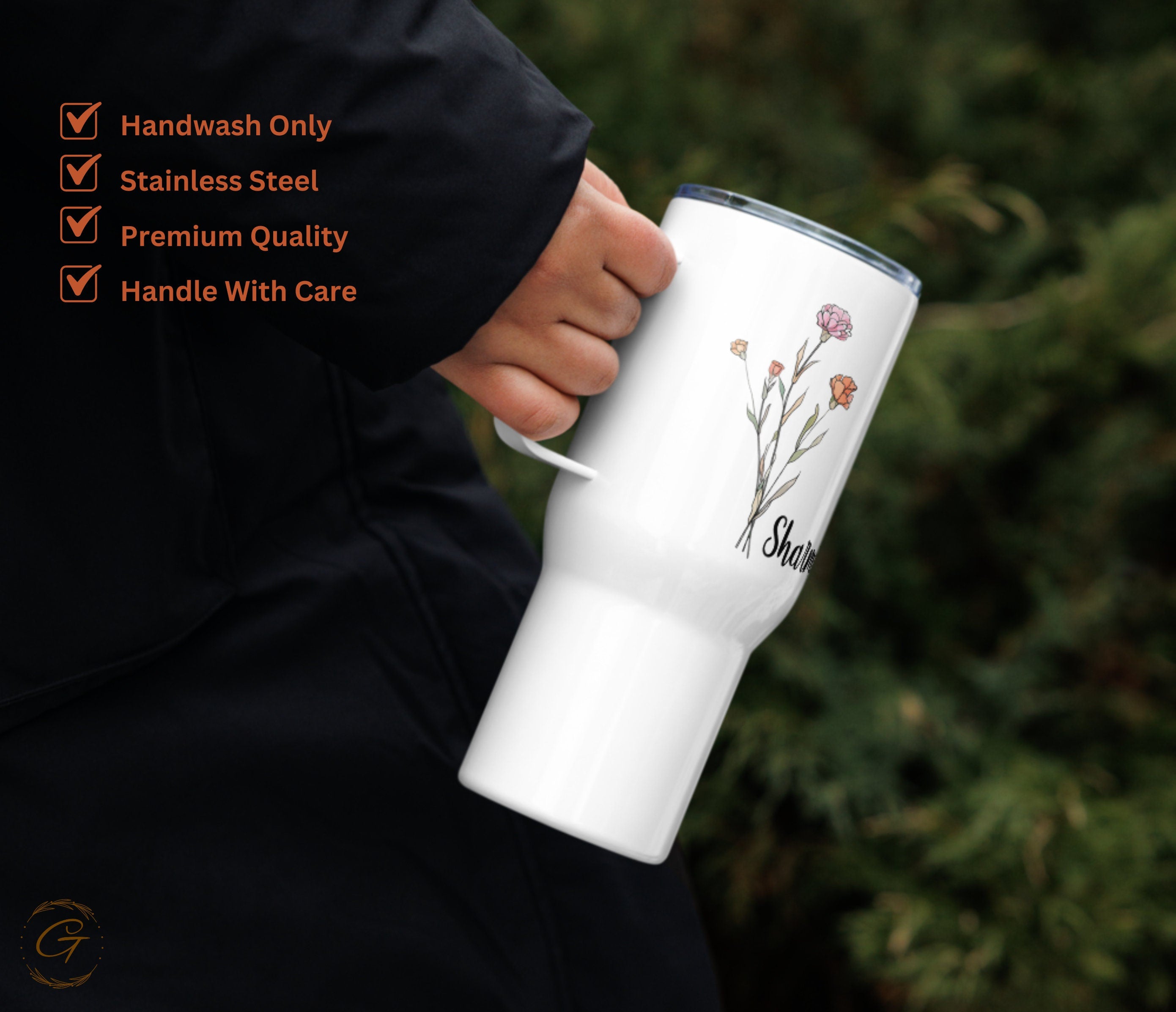 Personalized Birth Flower & Name 25 oz Travel Mug with Handle - Custom Floral Unique Mother's Day Gift Bridesmaid Gift and For Coffee Lovers