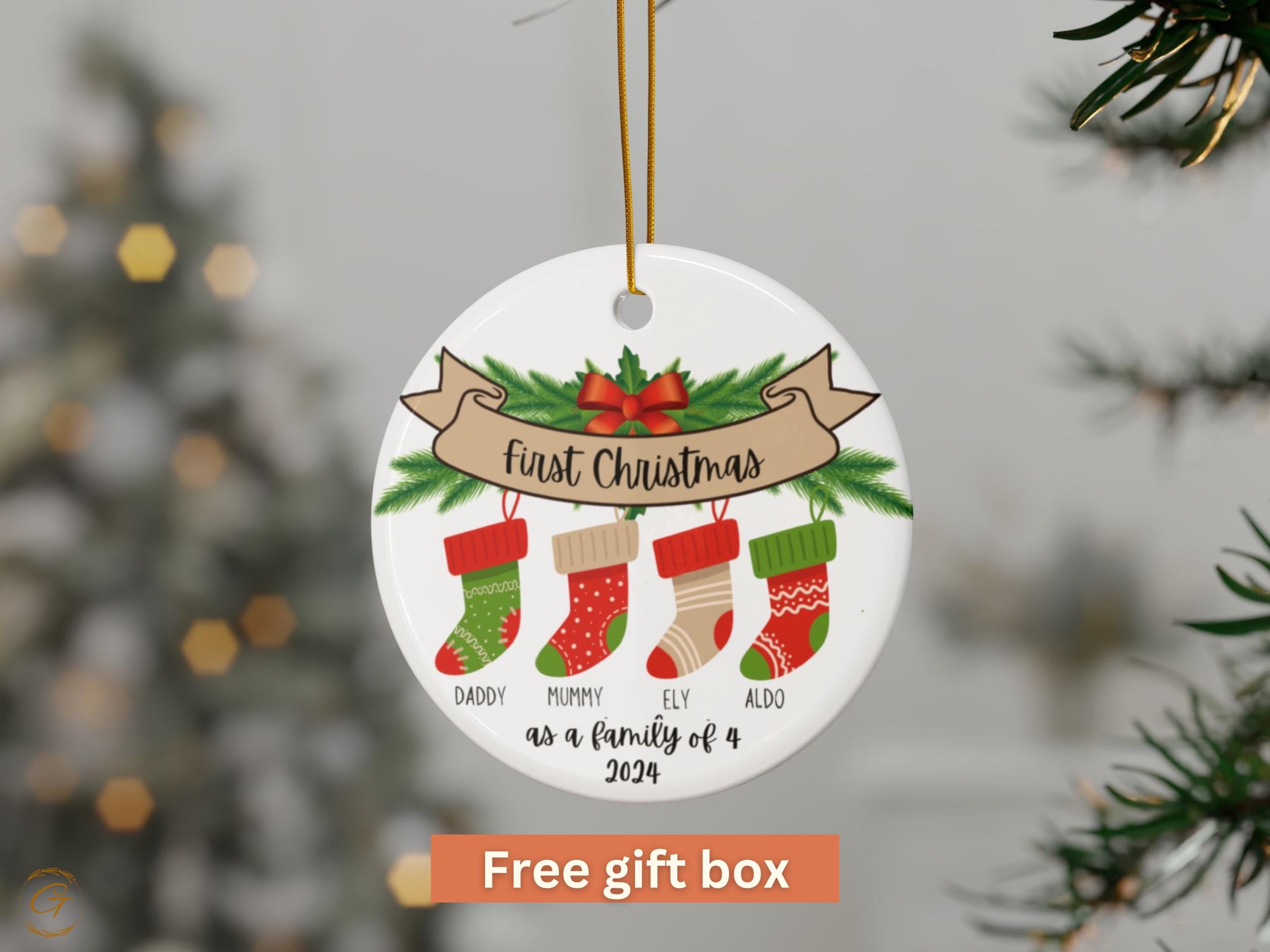 First Christmas Family of 4 Ornament | Personalized Stocking Ornament | Holiday Decor & Christmas Gift 2024 | Unique Gift for Stockings 2024