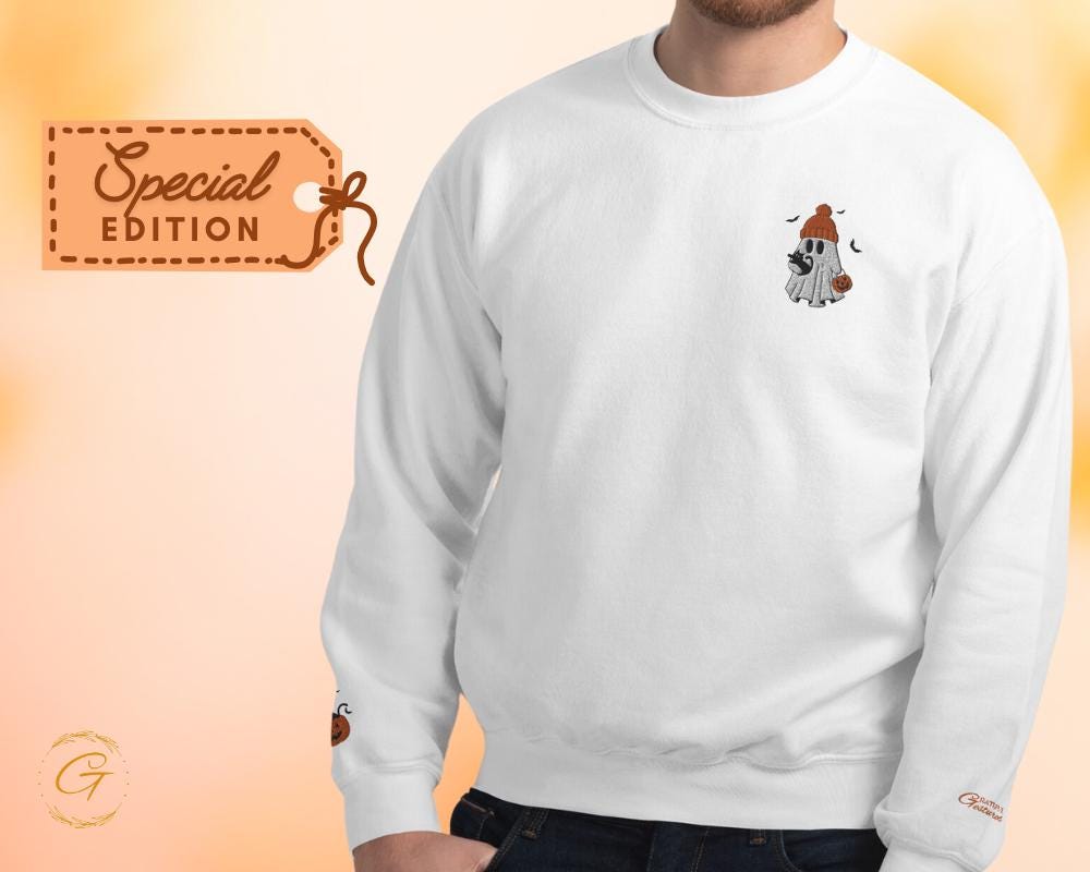 Halloween Sweatshirt Ghost with Cat and Pumpkin Graphic, Halloween Themed Ghost Sweater, Spooky Pumpkin Crewneck Pullover Gift for Halloween