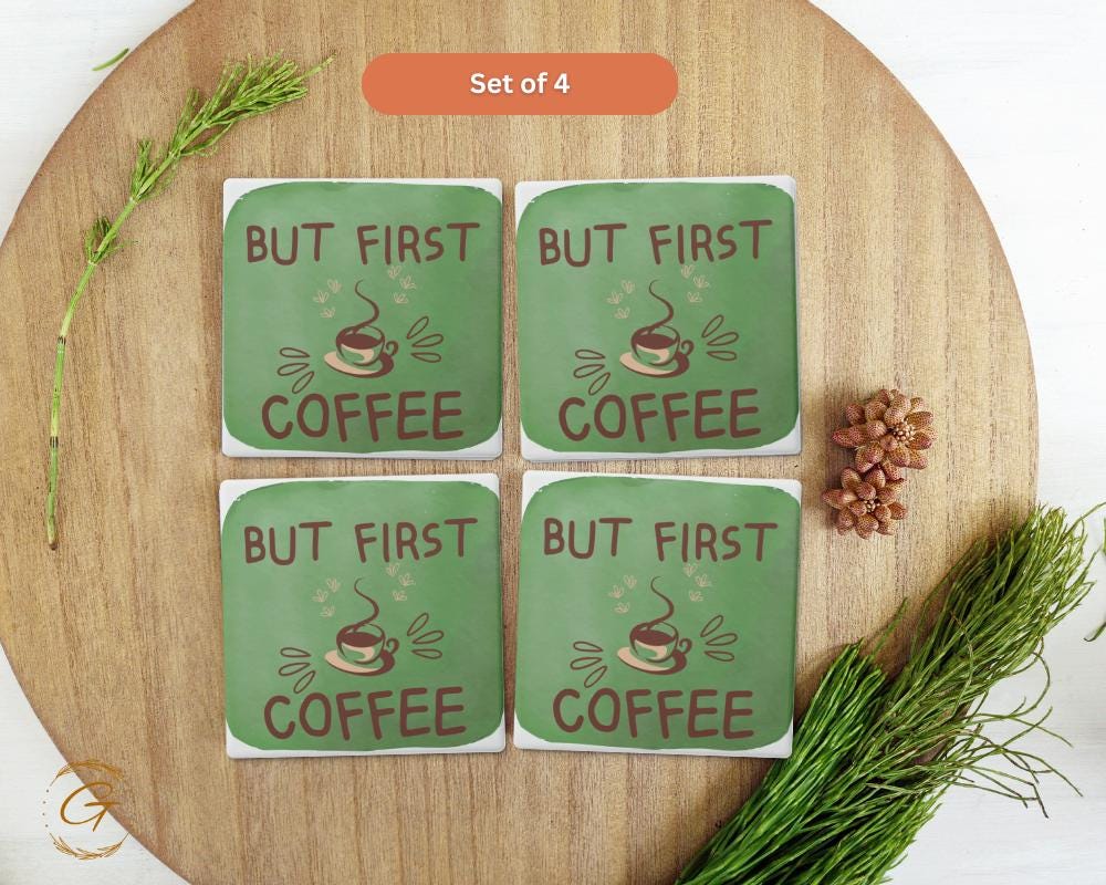 Square Stone Coaster with a Quote "But First Coffee" Cork Backing Stylish Absorbent Coaster Ideal For Coffee Lovers Kitchen and Office Decor