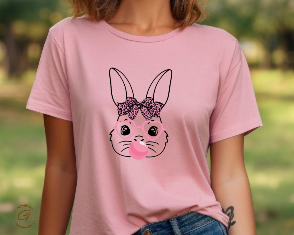 Cute Bunny Face with Bowknot on Pink Shirt product