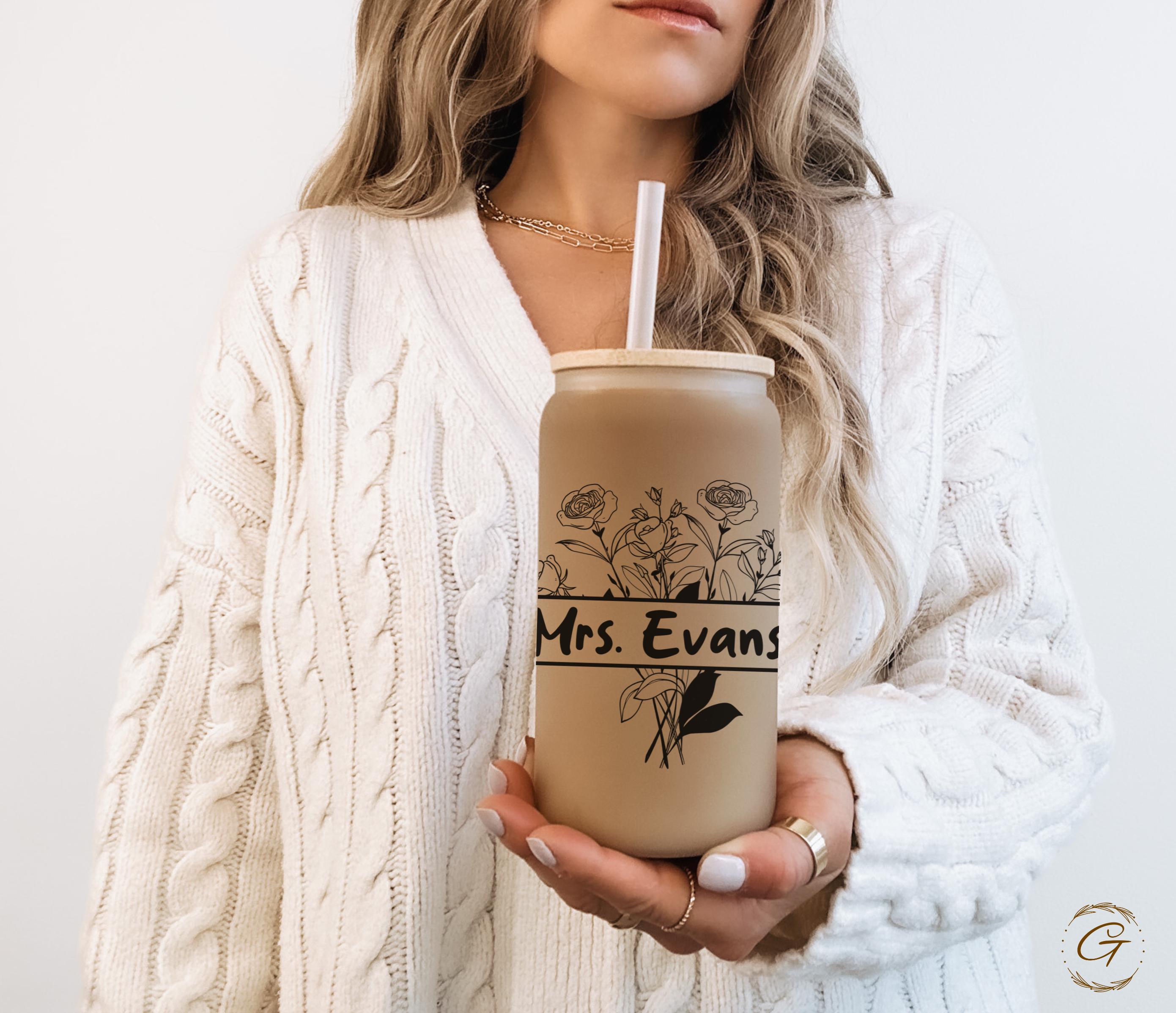 Floral Design with Personalized Name Frosted Glass Cup