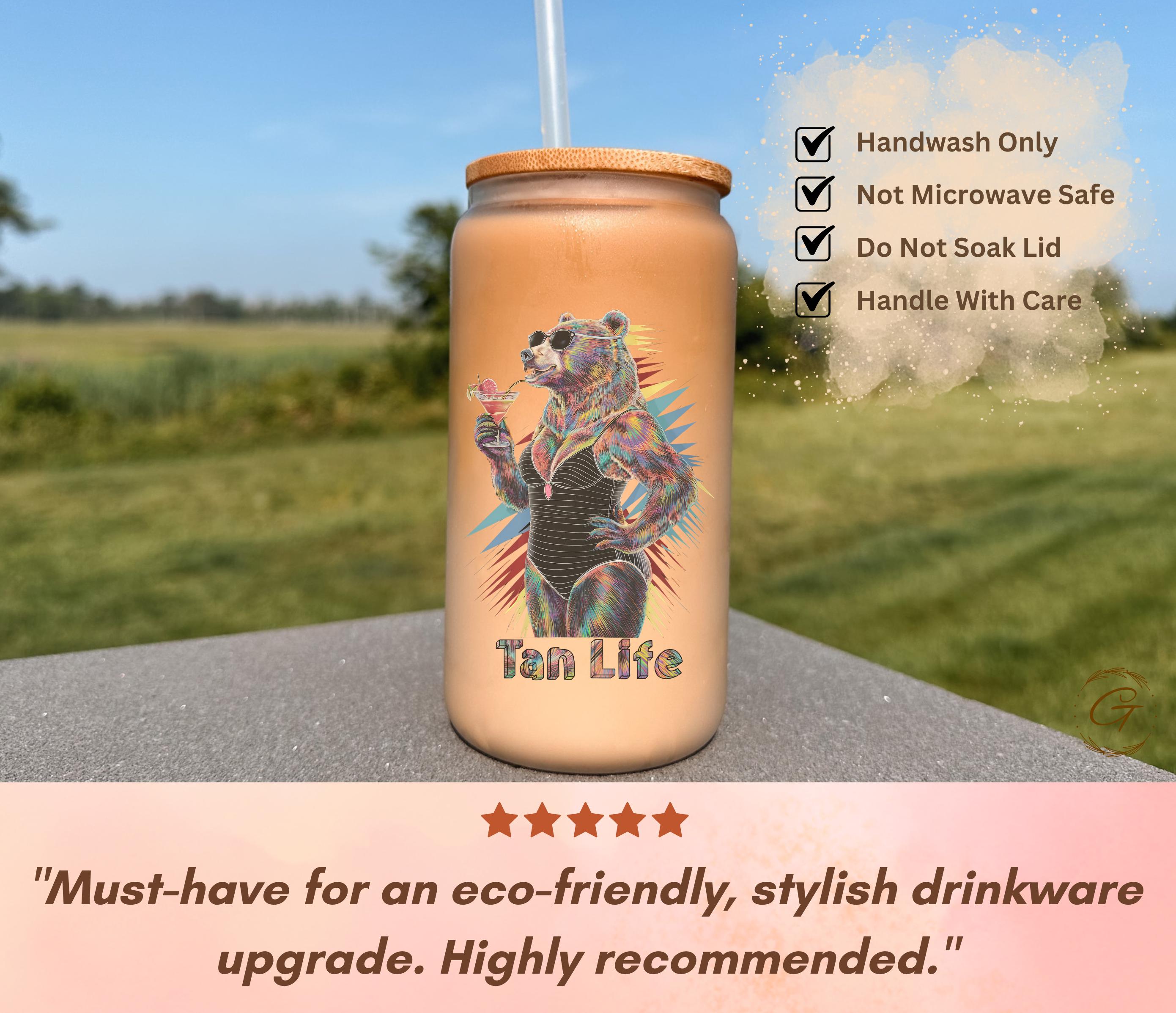 Tan Life Bear Design Frosted Glass Cup