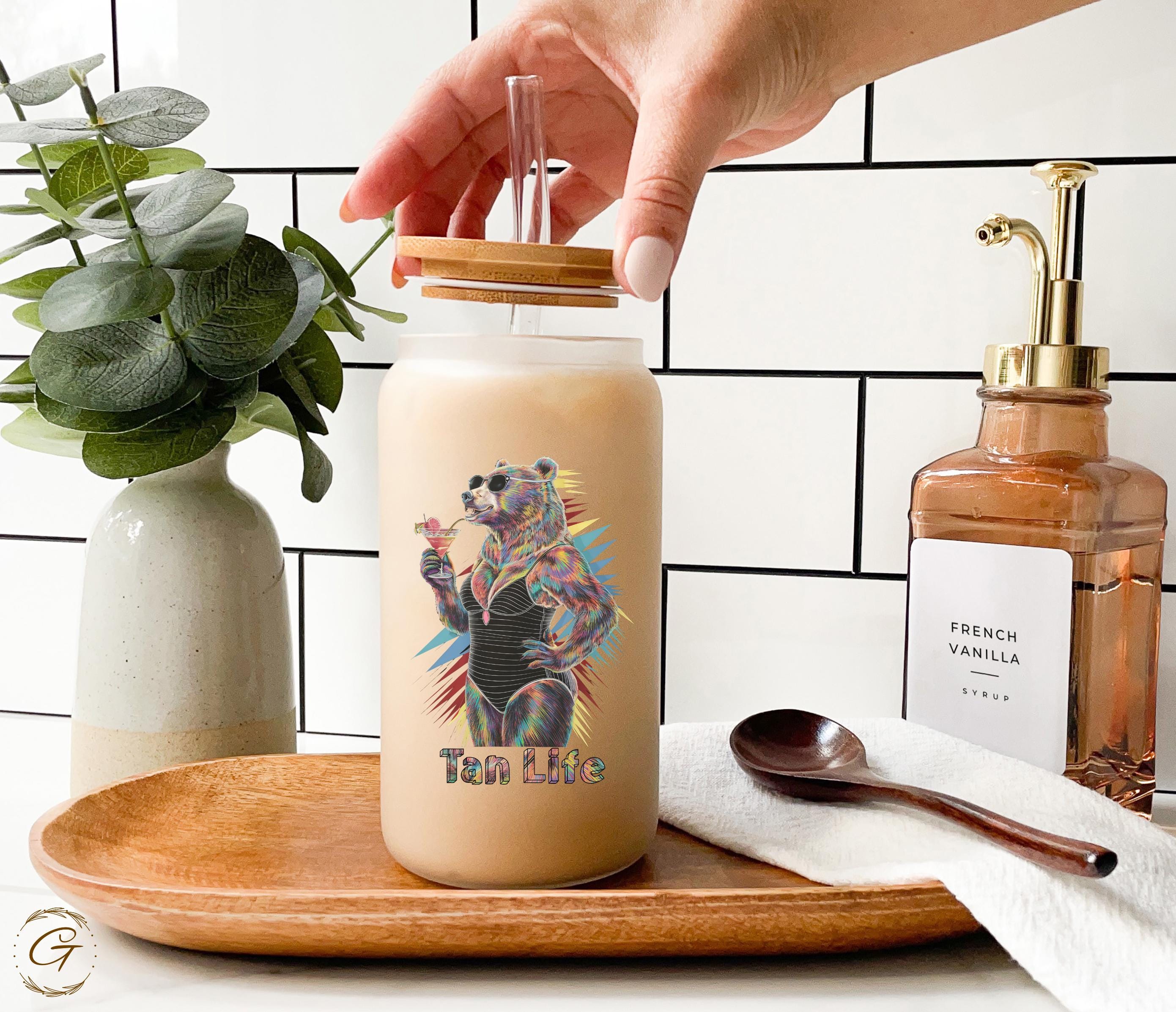 Tan Life Bear Design Frosted Glass Cup