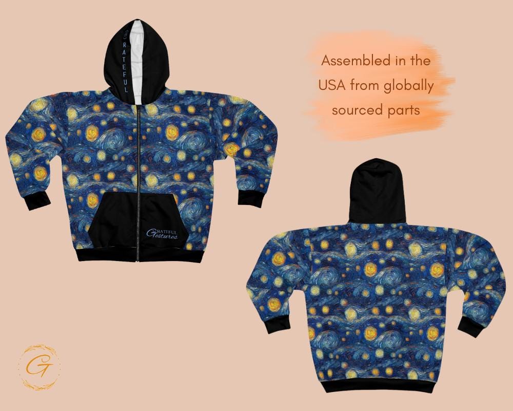 Starry Night Unisex Zip Hoodie All-Over Print Van Gogh Inspired Sweatshirt