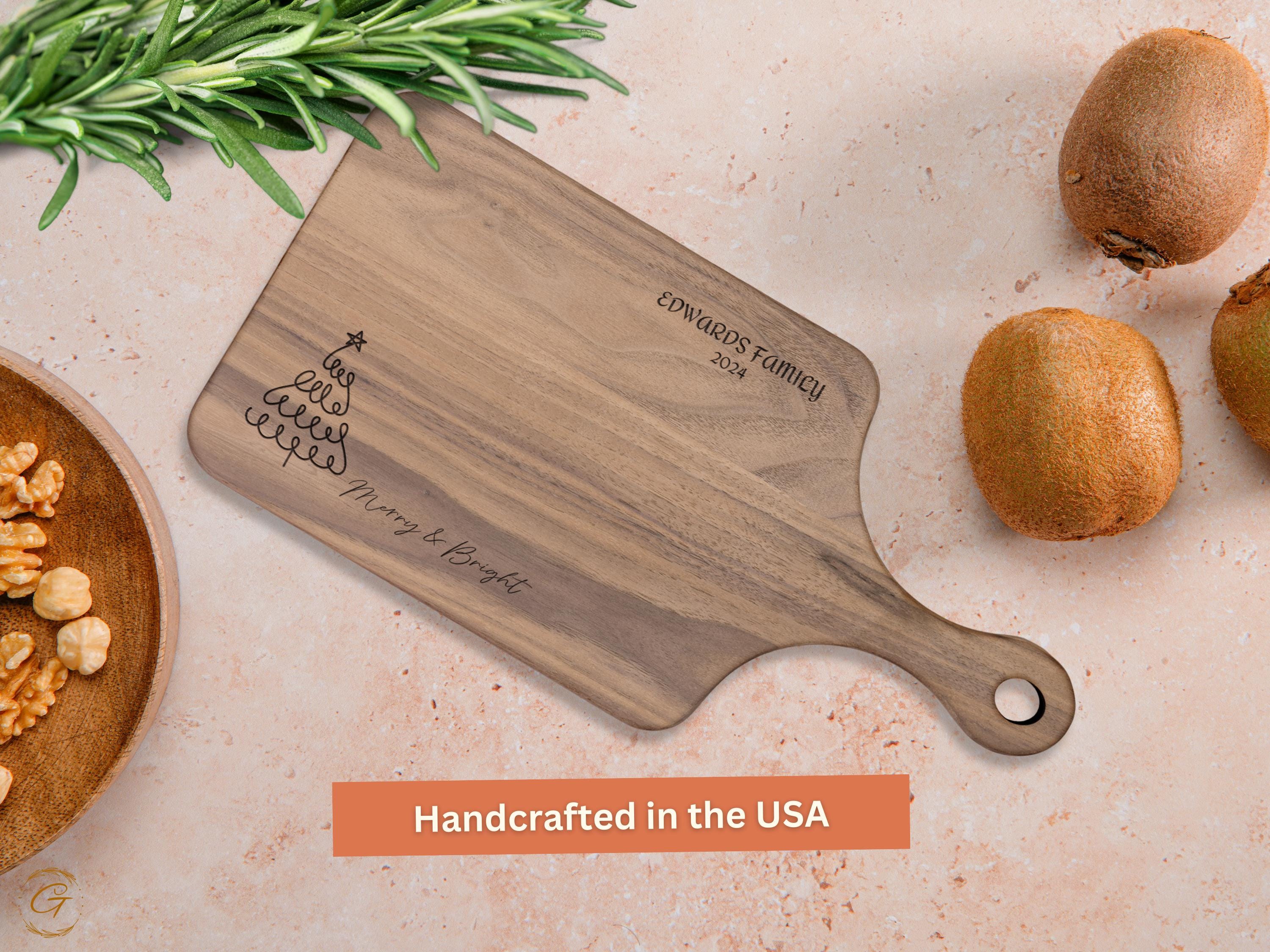 Merry & Bright Personalized Cutting Board with Family Names | Engraved Holiday Kitchen Gifts | Rustic Wood Board for Christmas Cooking Gifts