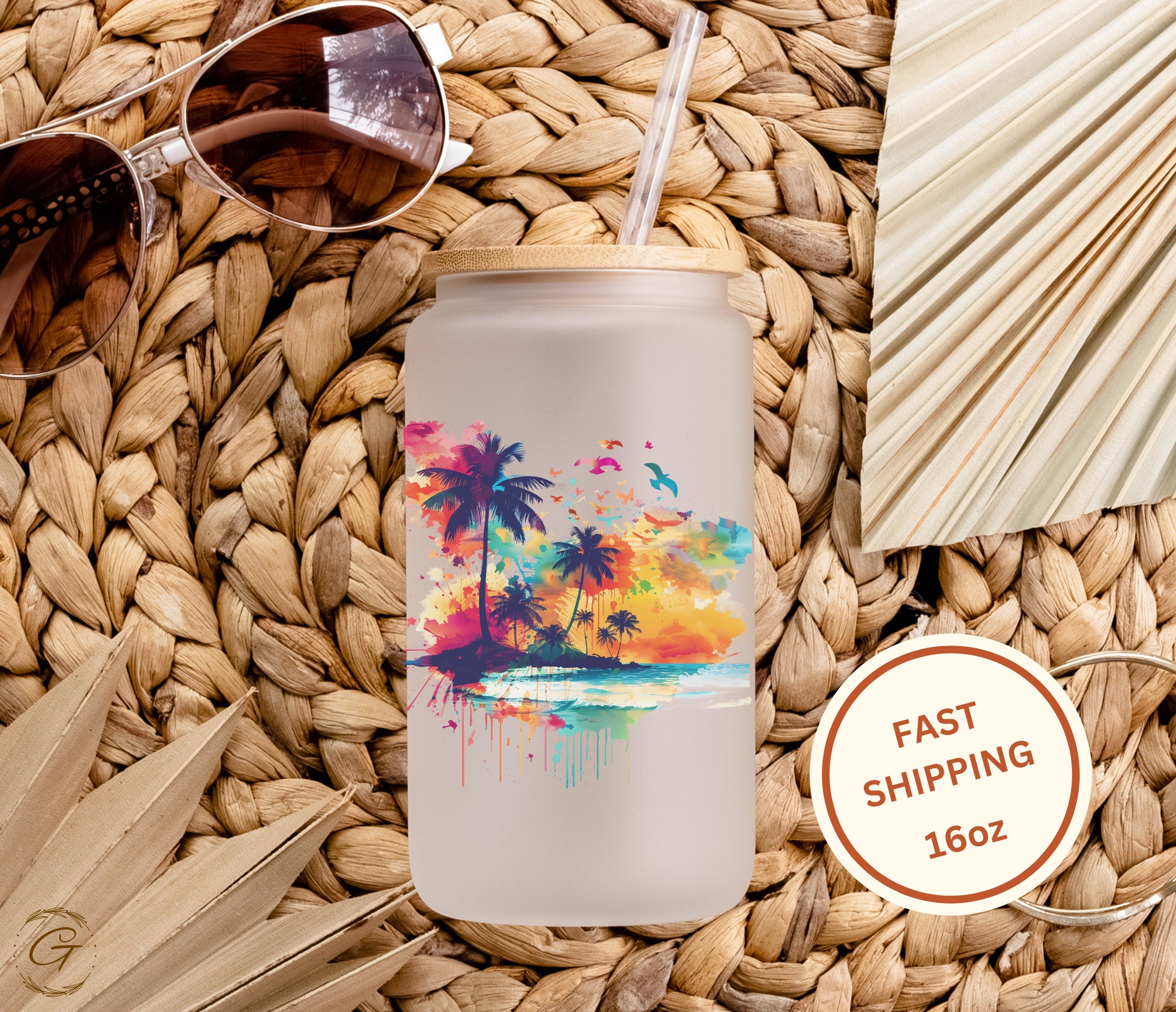 Tropical Beach Sunset Art Summer 2024 Colorful Palm Trees Print Frosted Glass Cup