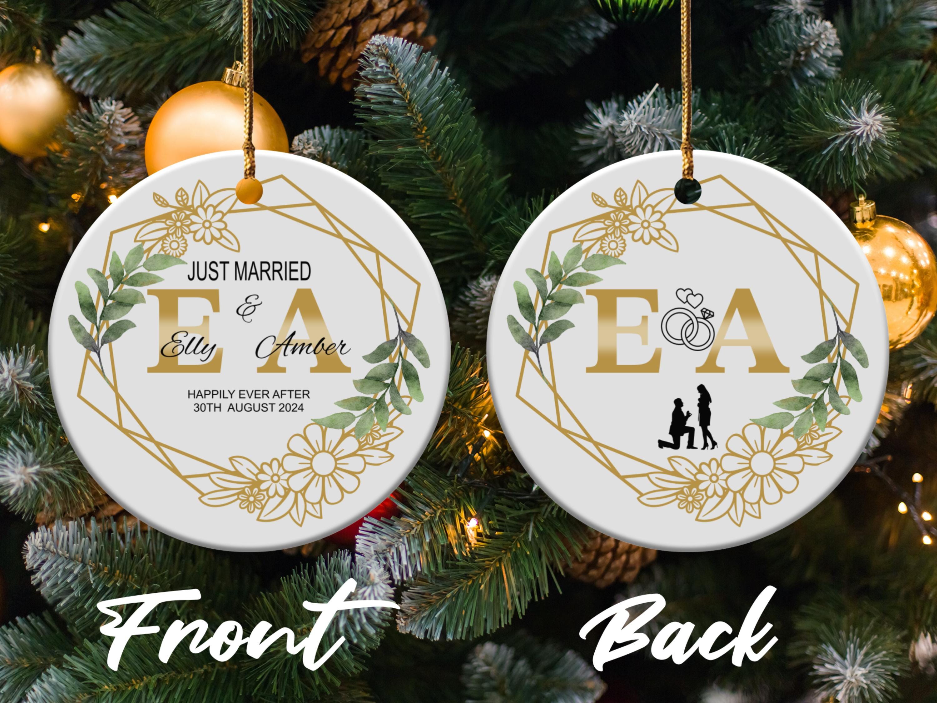 Custom Just Married Ornament, Personalized Keepsake, Custom Wedding Date Gift, Geometric Floral Design Newlywed Decoration 2024, Ideal Gifts
