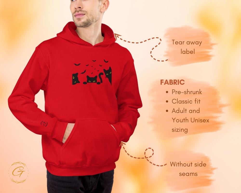 Halloween Hoodie, Embroidery Spooky Cats Hoodie, Bats and Cats Sweatshirt, Halloween Pullover, Black Cats Hooded Top, Spooky Hooded Sweater